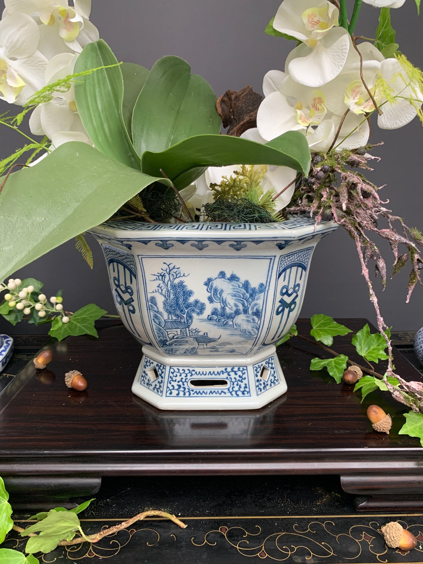 Traditional hexagon Orchid plant pot Chinese blue white porcelain planter