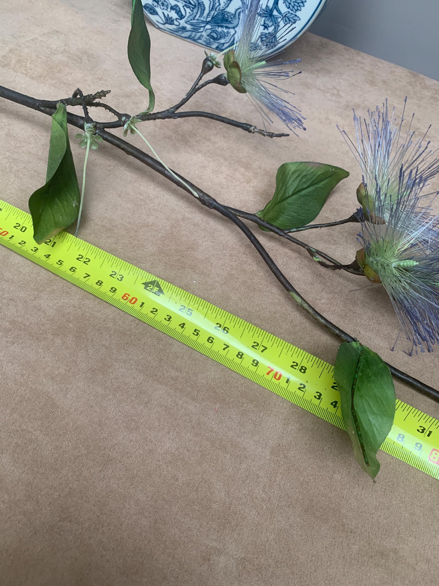 Realistic Blue Powder Puff Flower Branch - Artificial Calliandra Silk Tree Stem Zen Minimalist Home Decor Blue Pom Pom Branch High-End Faux