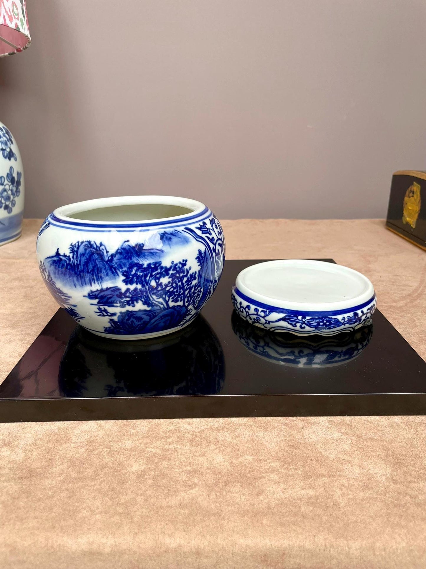 Blue and White Ceramic Vase with Stand | Traditional Chinese Landscape Design | Elegant Home Decor
