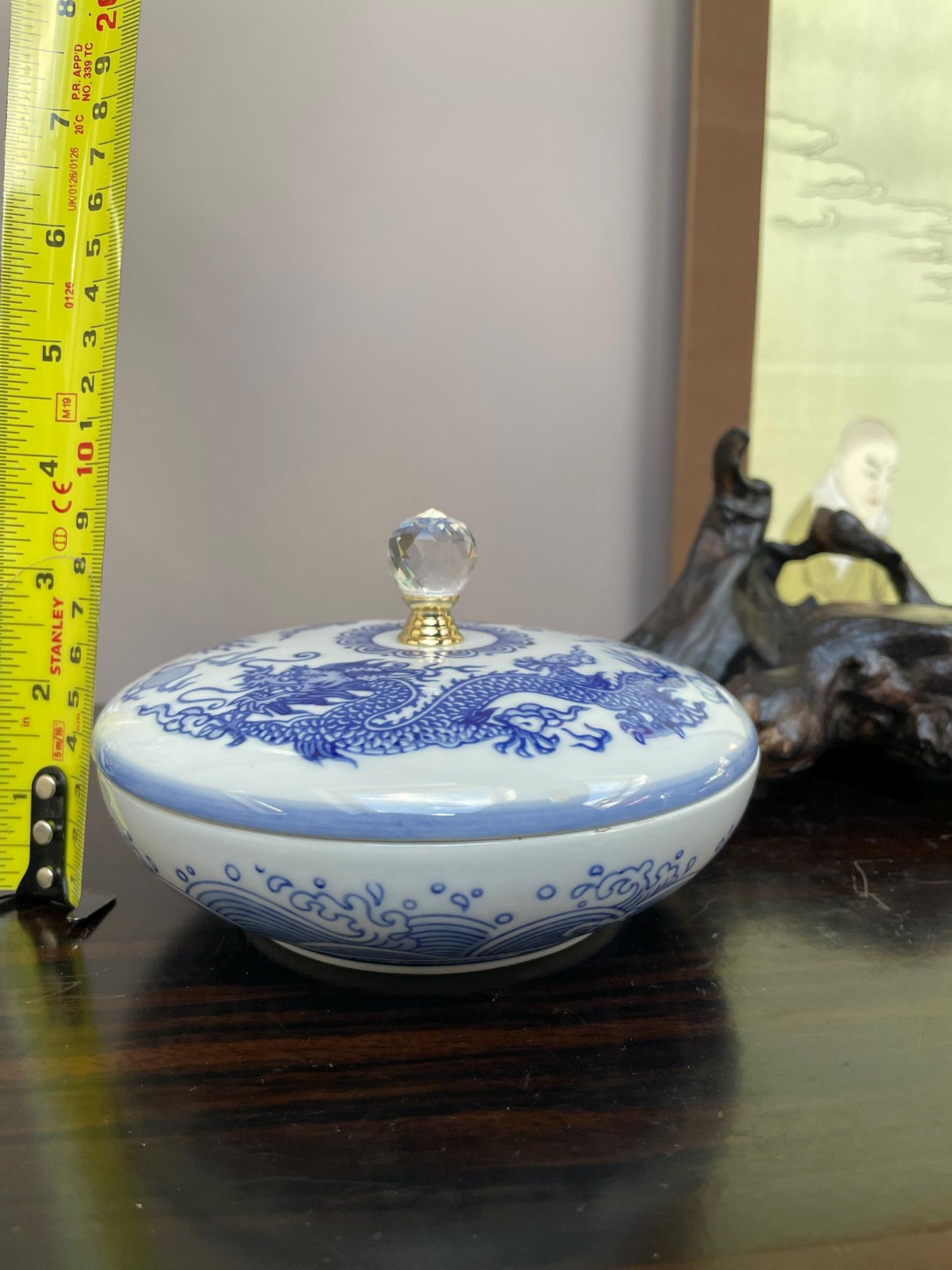 Hand-Crafted Blue and White Porcelain Dragon Jewellery Box - Lidded Trinket Jar with Crystal Knob - Chinoiserie Décor for Precious Item