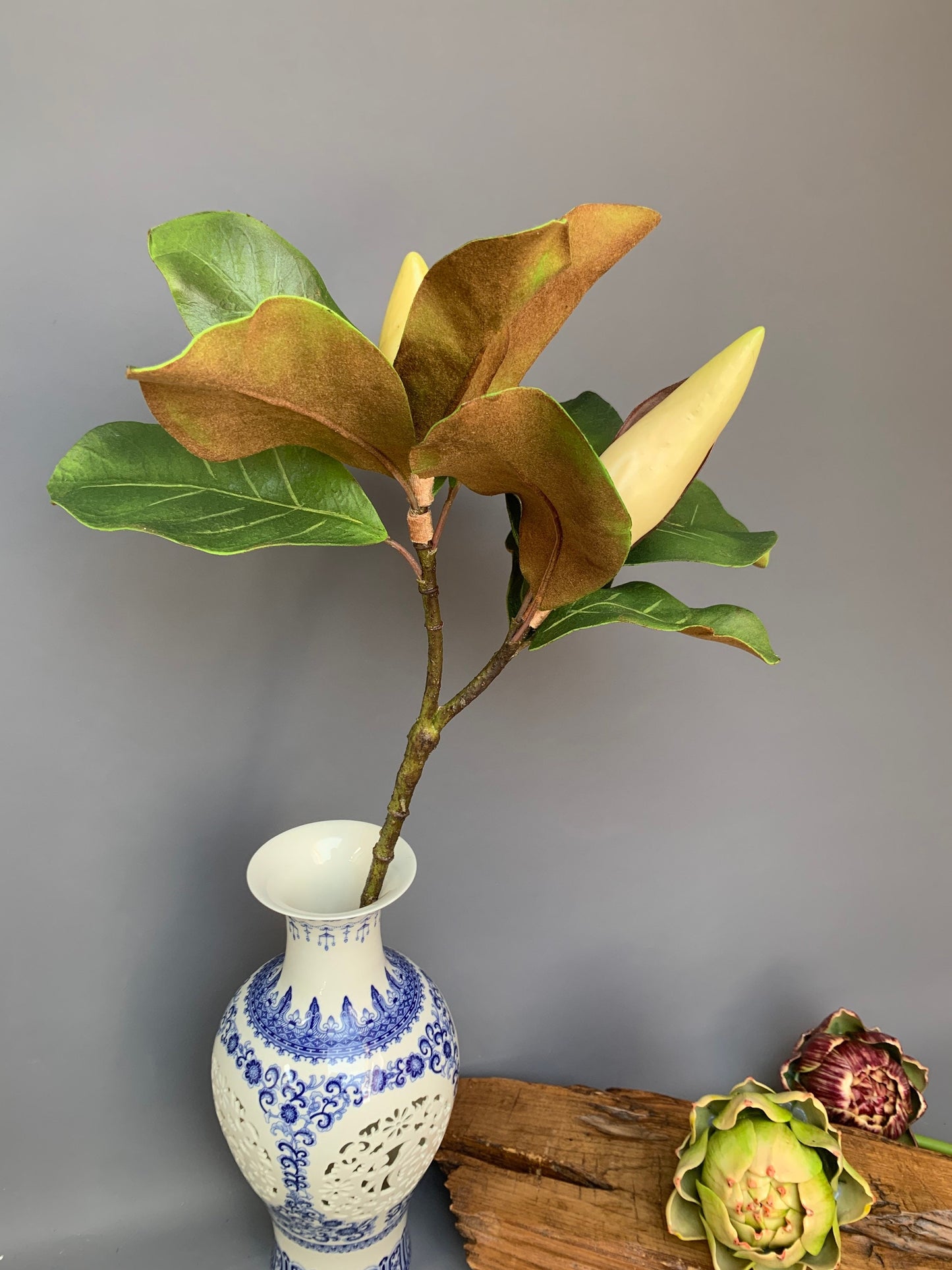 Premium Artificial Magnolia buds in leaf green artificial flower faux flower 24 inch
