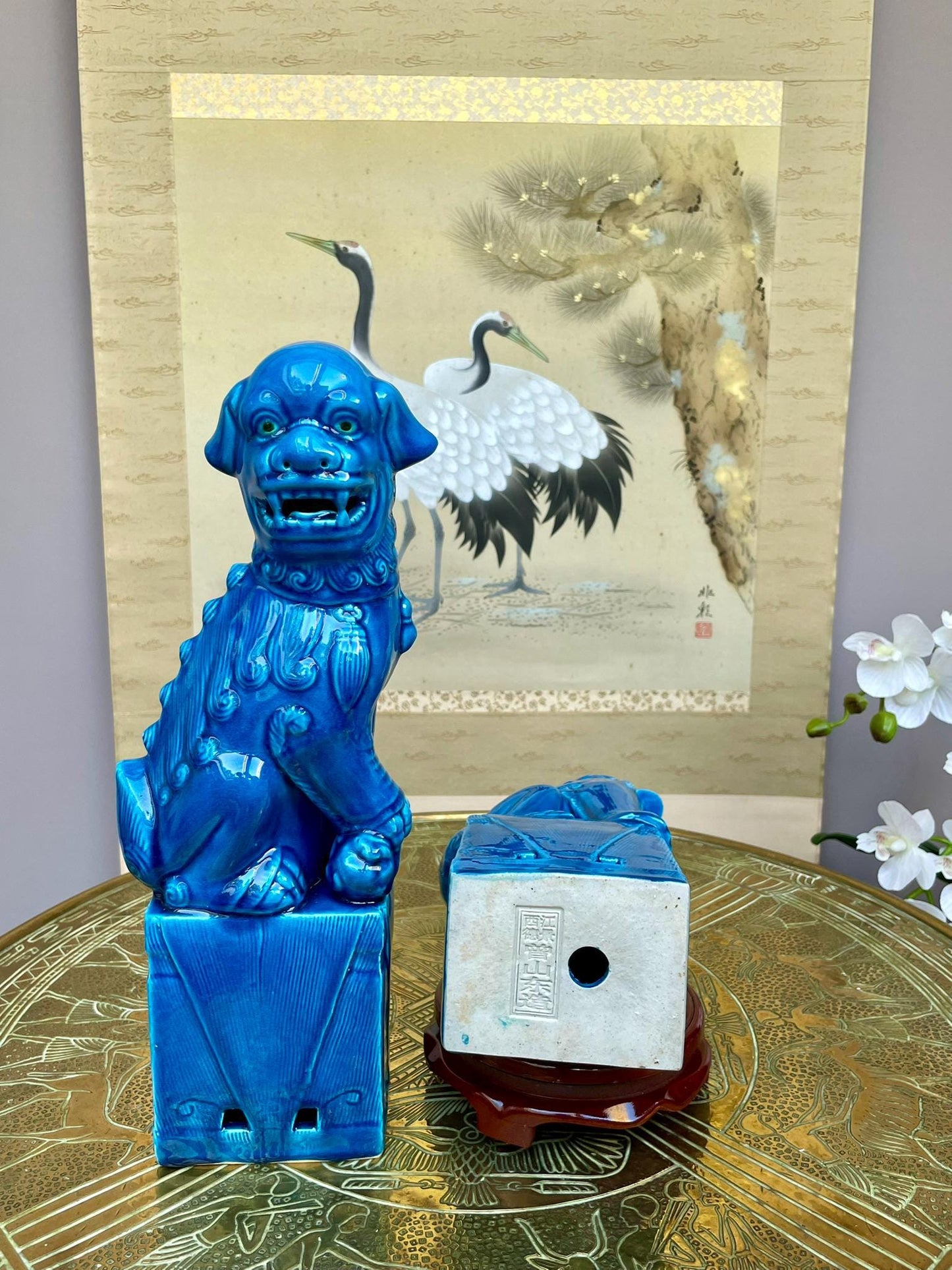 Turquoise Fu Dog Statues – Pair of Chinese Guardian Lions – Home Decor Accents for Entryway, Bookshelf & Living Room – Blue Glazed Foo Dogs