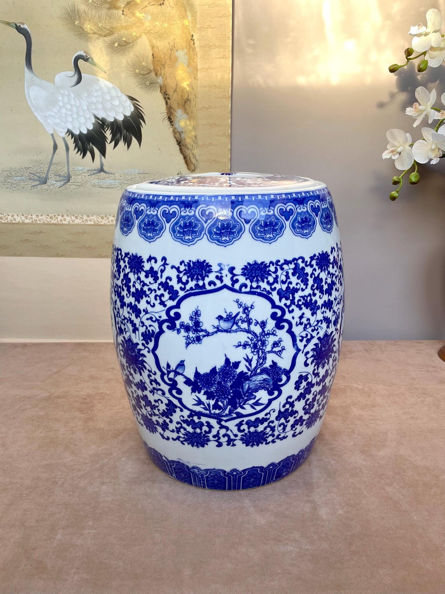 Blue & White Porcelain Lidded Container • Chinoiserie Ginger Jar Side Table • Decorative Storage Jar w/ Rubber Gasket • Floral Bird Pattern