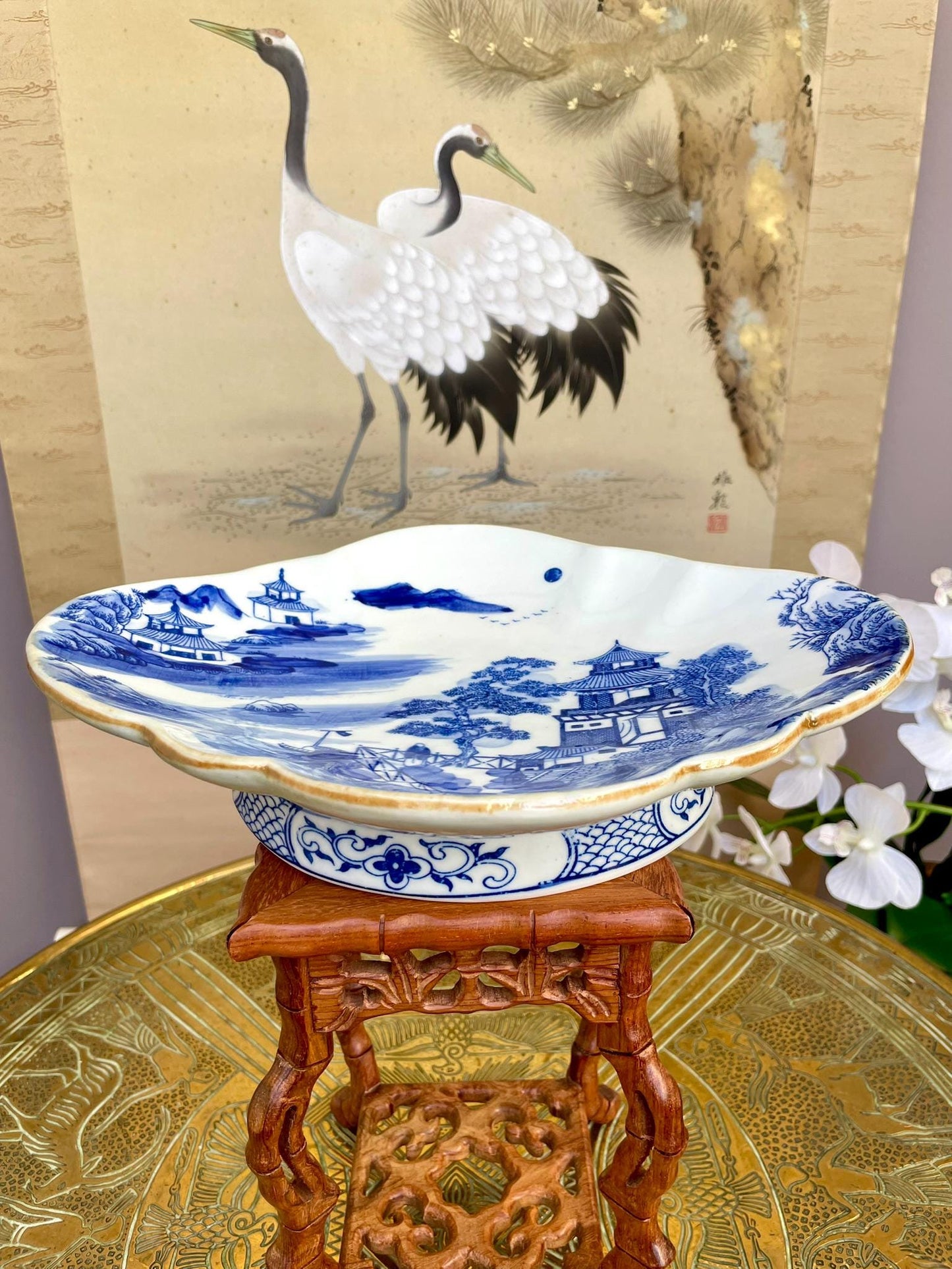 Blue and White Porcelain Dish - Hand Painted Landscape with Pagoda & Pine - Scalloped Iron-Oxide Rim - Fine Asian Home Decor
