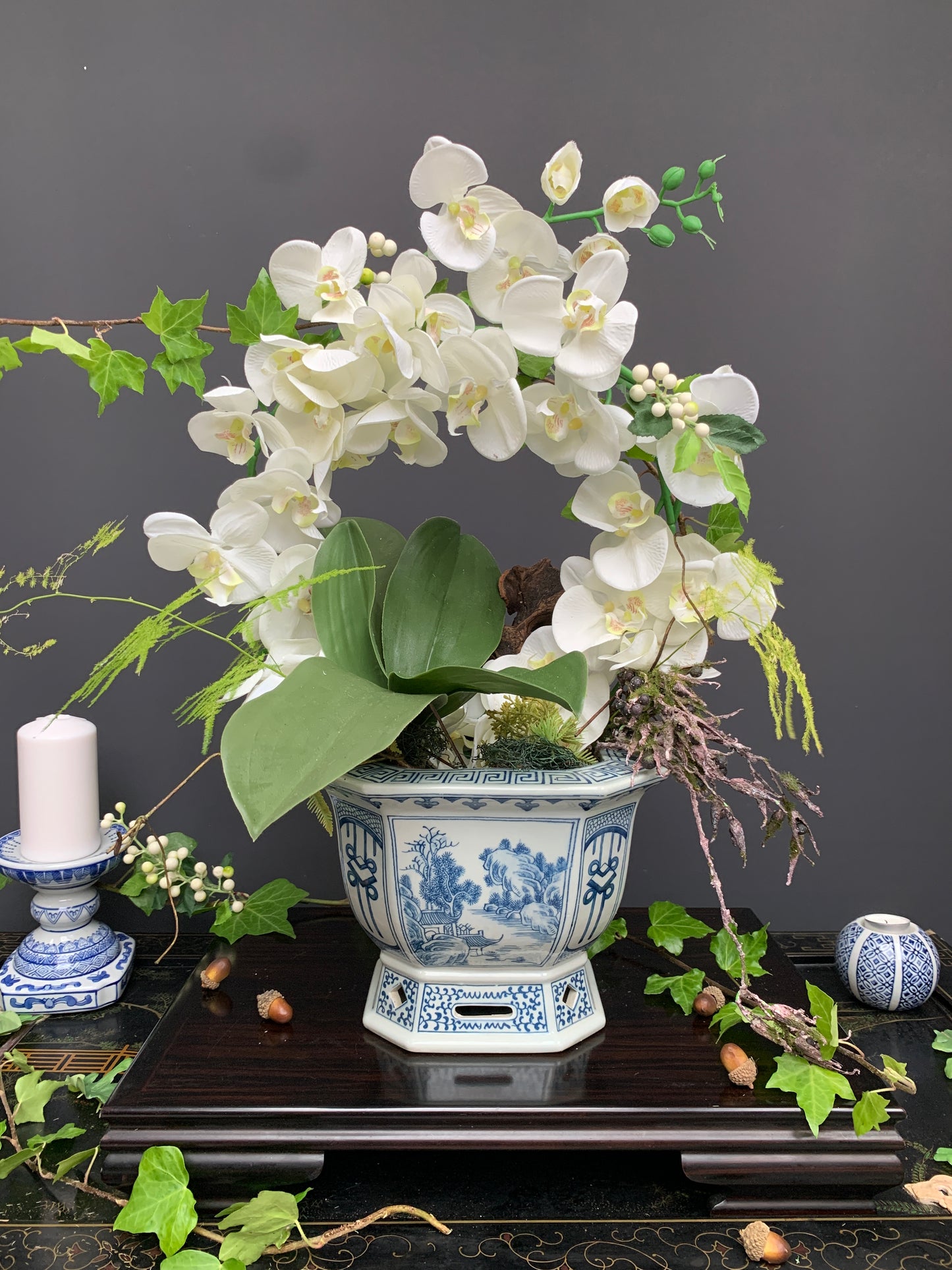 Traditional hexagon Orchid plant pot Chinese blue white porcelain planter