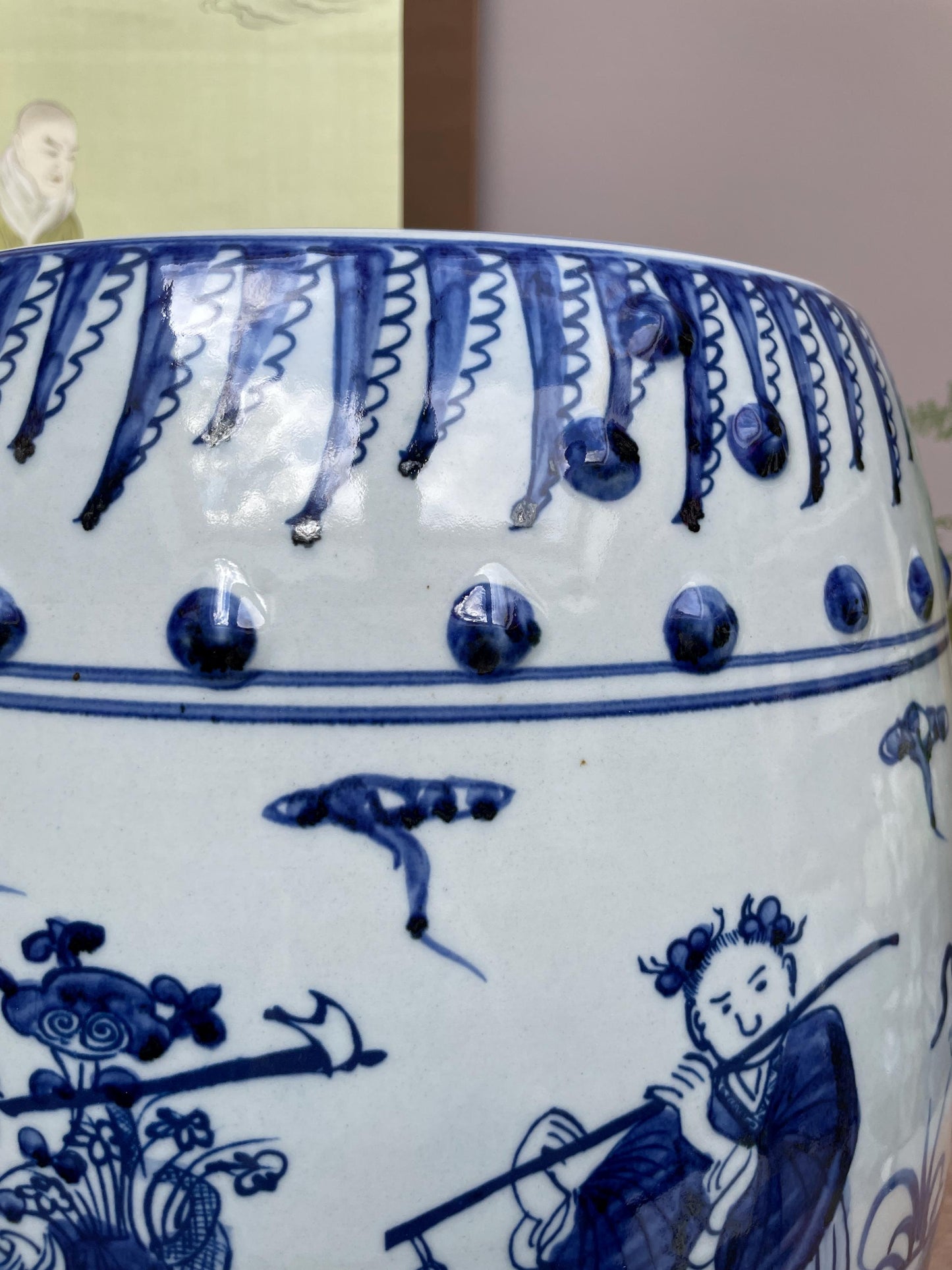 Large Blue and White Porcelain Garden Stool, Hand Painted Eight Immortals Ceramic Seat Chinoiserie Drum Stool Chinese Figure Decor Heavy