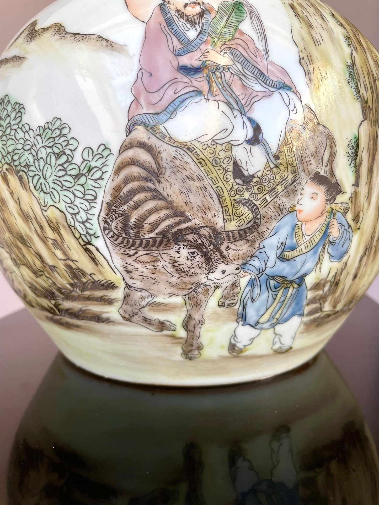 Hand-Painted Qianjiang Cai Porcelain Jar with Lid - Scholar & Immortal Landscape - Large Hand-Crafted Chinese Calligraphy Ginger Jar