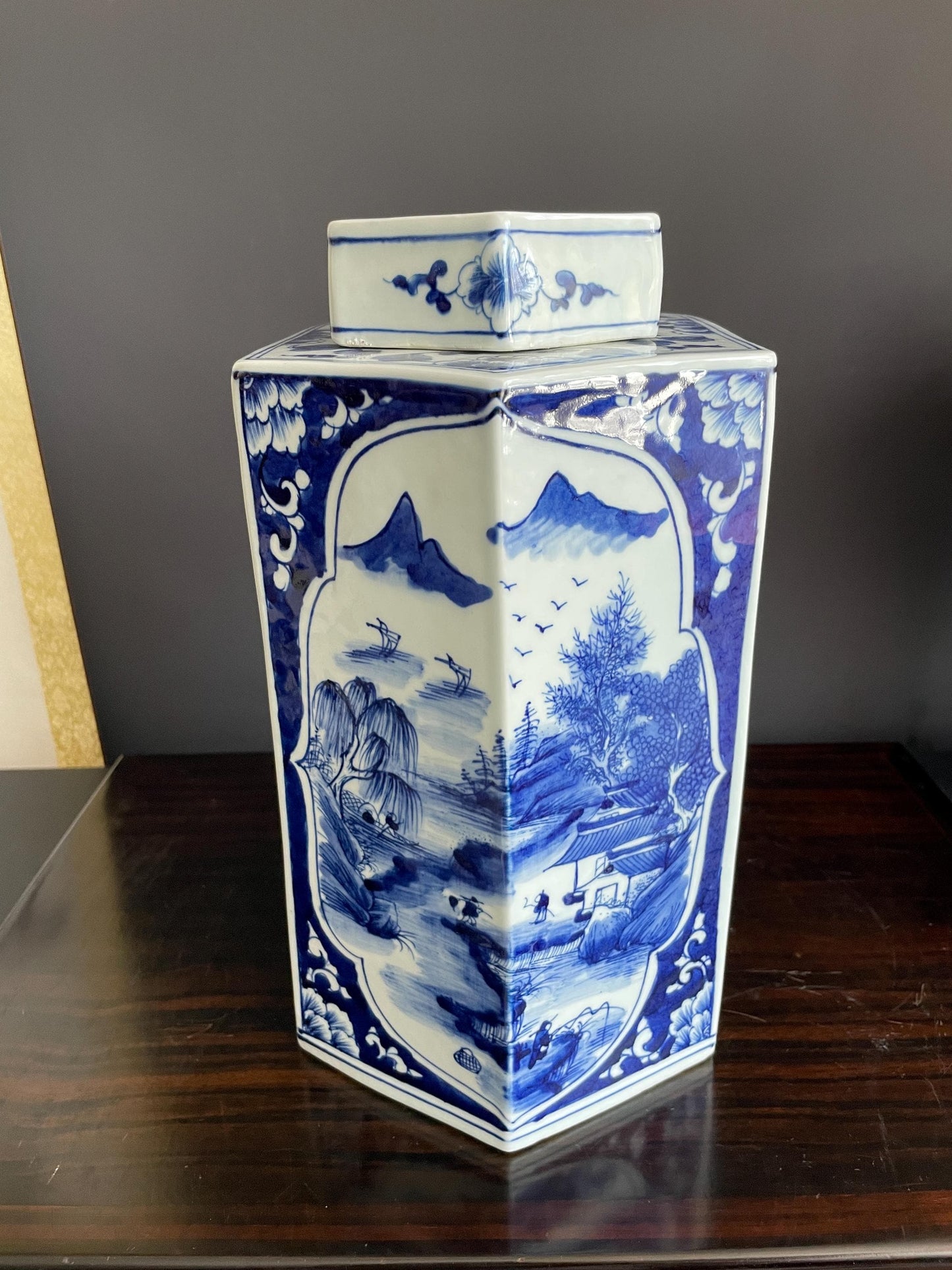 Hand Painted Blue & White Hexagon Porcelain Vase with Lid | Six Sided Xiang Qi Hand Pressed Ceramic Jar | Chinoiserie Decor Vessel