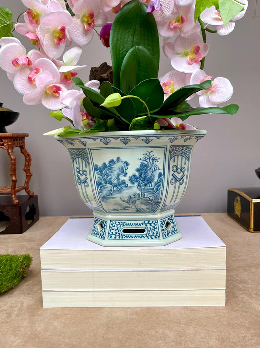 Blue and White Chinese Porcelain orchid Octagonal Planter Chinese Landscape Design | Elegant Home Decor