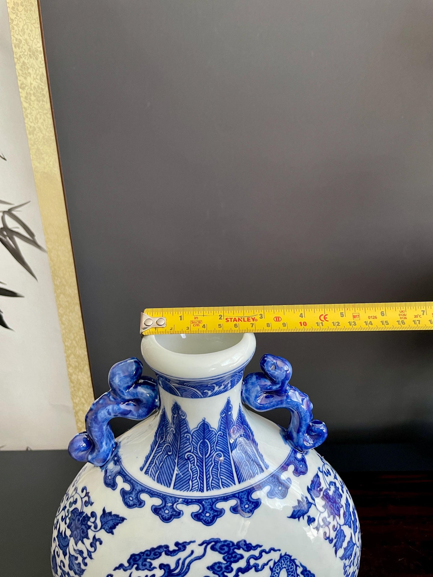 Hand Crafted Blue & White Moonflask Vase with Handles | 31cm Dragon Phoenix Porcelain Vessel Large Chinoiserie Collector Pottery