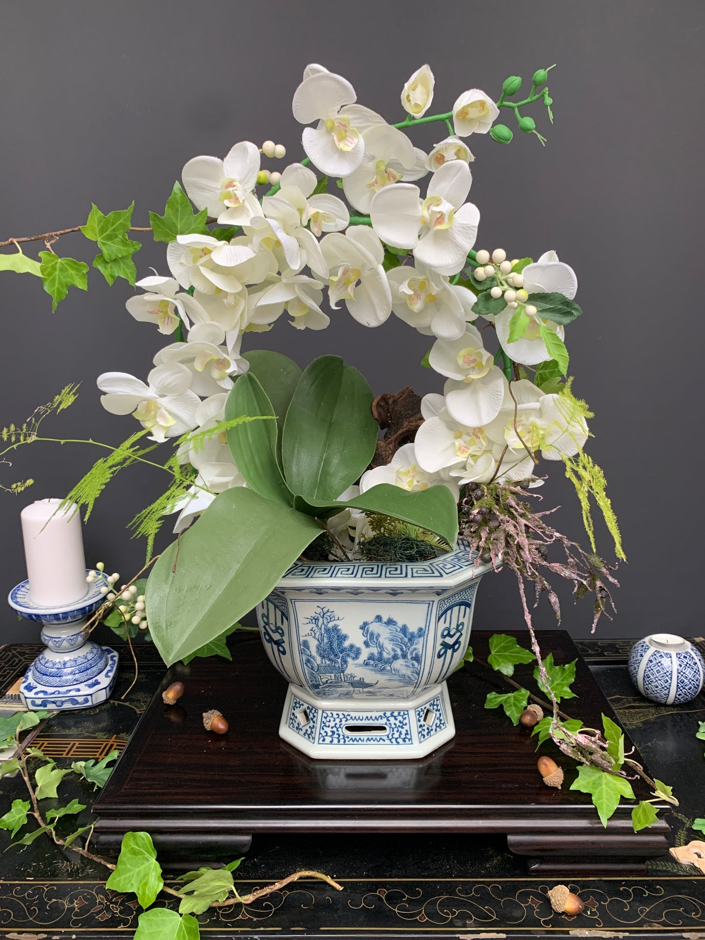 Traditional hexagon Orchid plant pot Chinese blue white porcelain planter