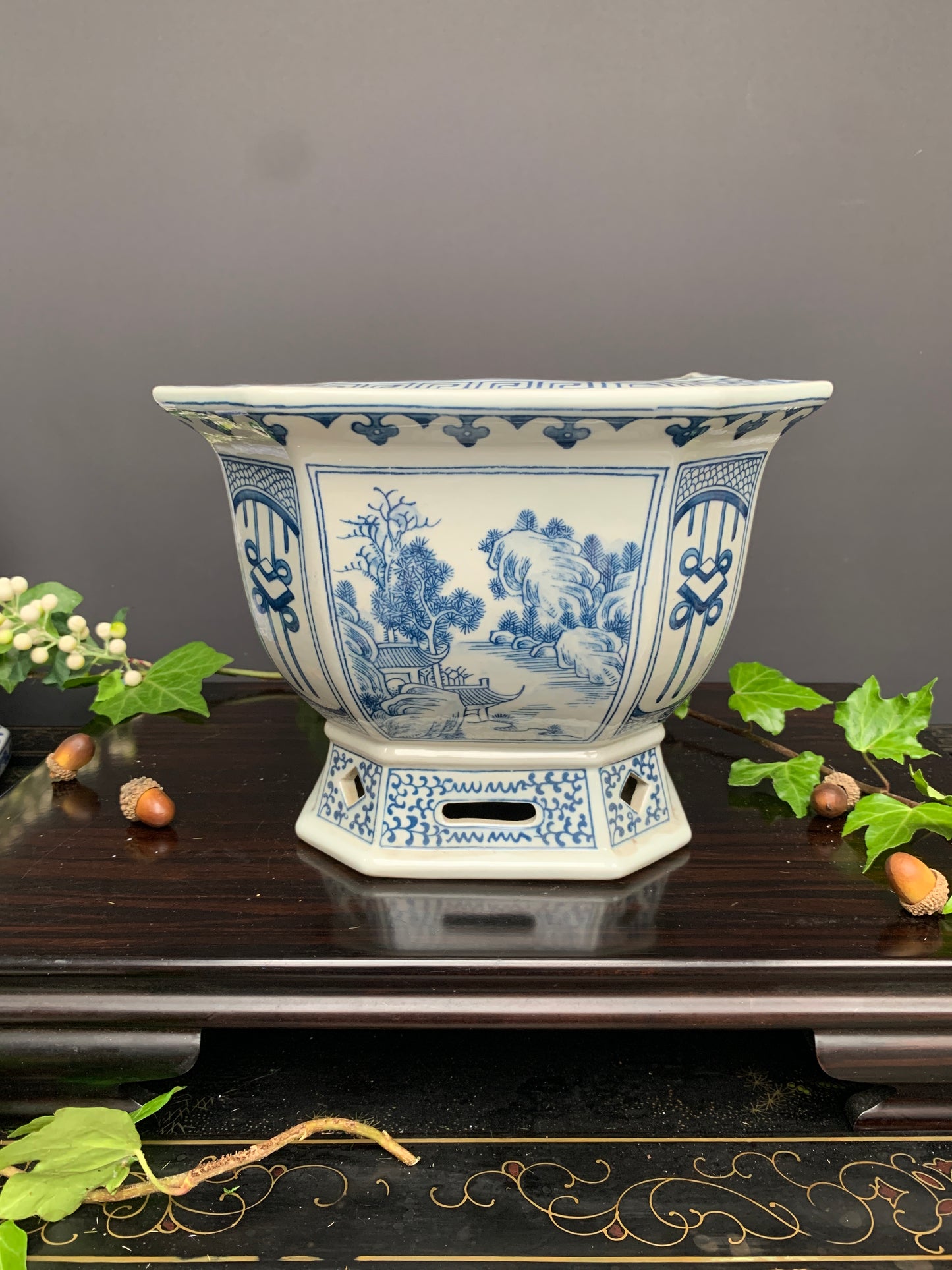 Traditional hexagon Orchid plant pot Chinese blue white porcelain planter