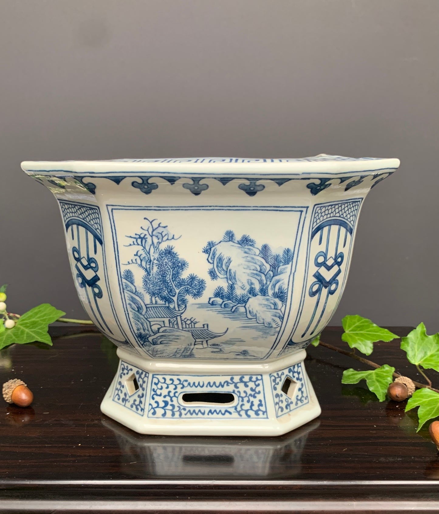 Traditional hexagon Orchid plant pot Chinese blue white porcelain planter