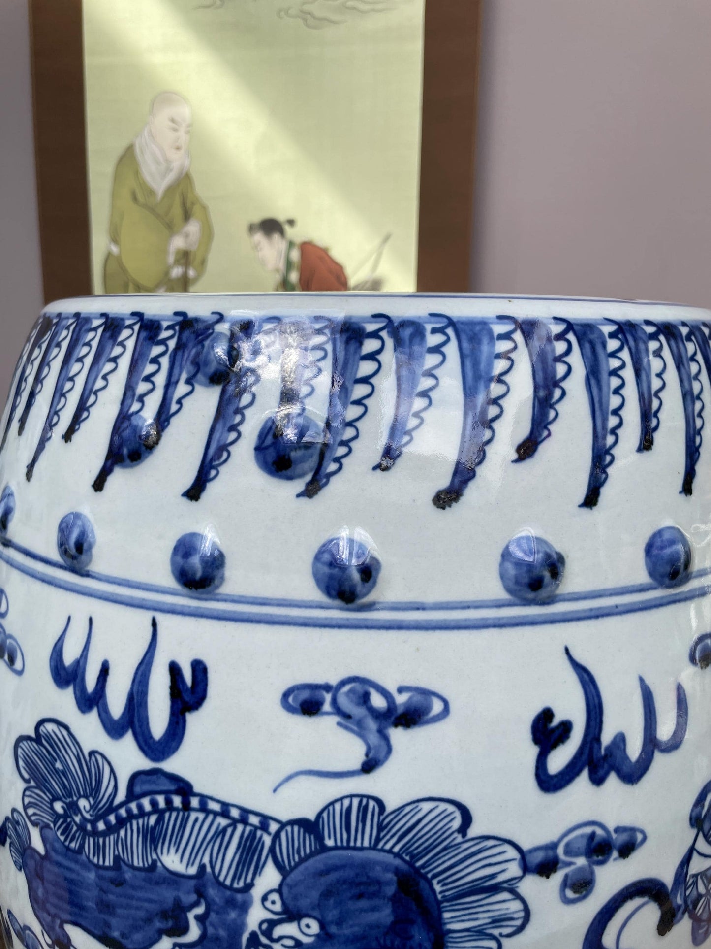 Large Blue and White Porcelain Garden Stool 100% Hand Painted Foo Dog Ceramic Seat, Chinoiserie Drum Stool, Guardian Lion Side Table Heavy.