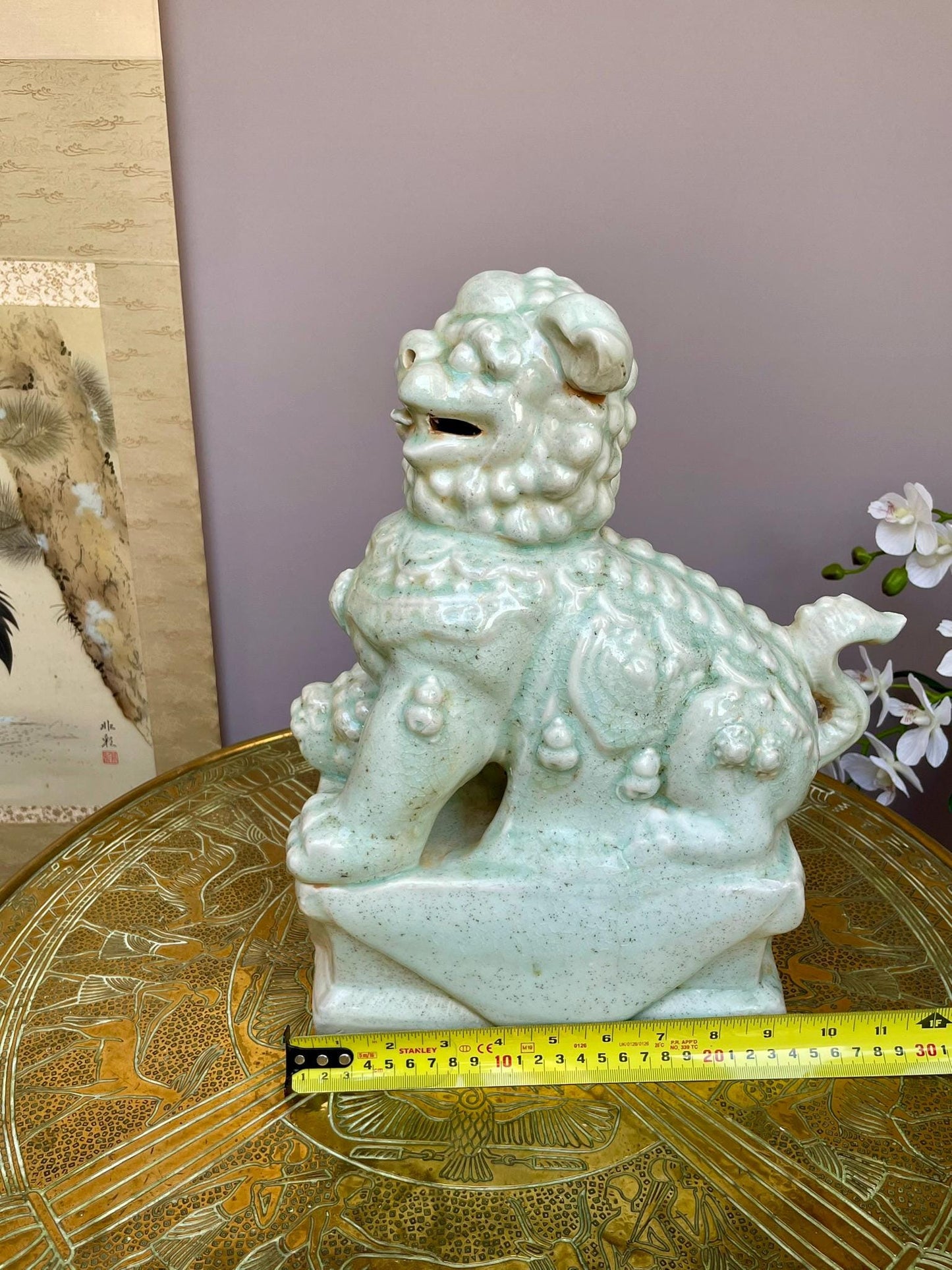 Ru-Style Celadon Foo Dog Sculpture | Celadon Guardian Lion | Chinese Art Decor | Scholar’s Studio Ornament | Ceramic Home Decor