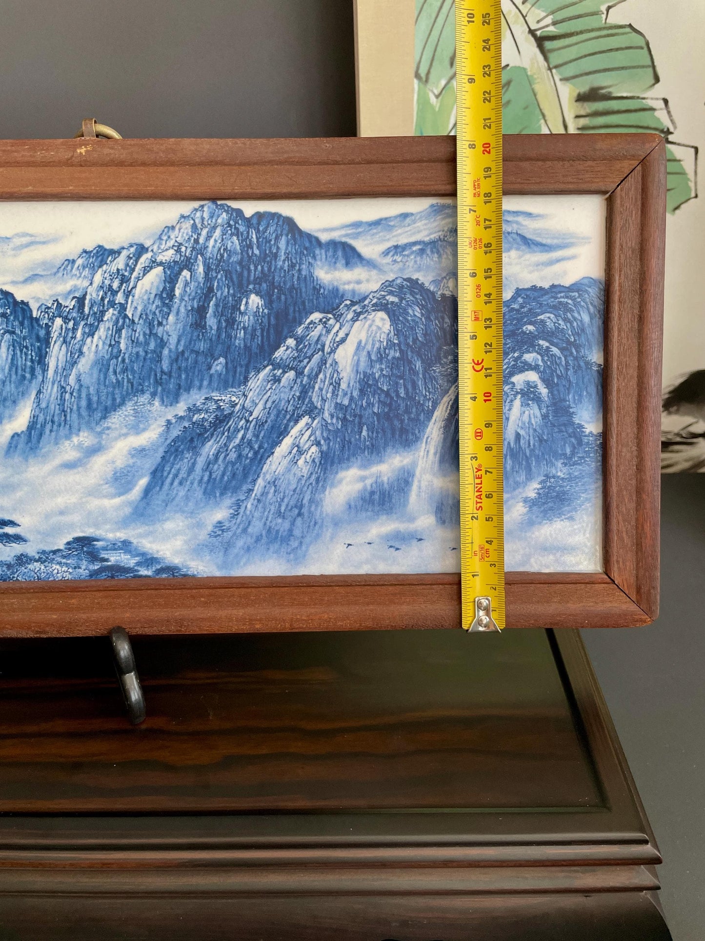 Hand-Crafted Blue & White Porcelain Landscape Plaque | Framed "Yuan Yuan Liu Chang" Shan Shui Wall Art Screen (54cm x 20cm)