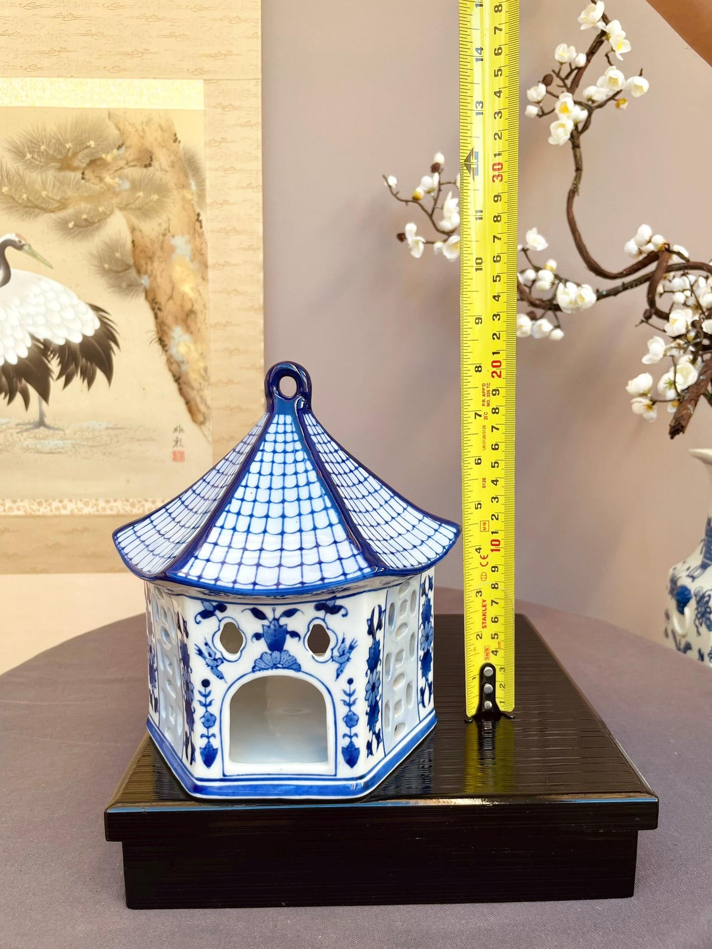 Blue and White Porcelain Pagoda Candle Holder | Handcrafted Ceramic Lantern Elegant Home Décor Accent | Curved Roof Design Tea Light Holder