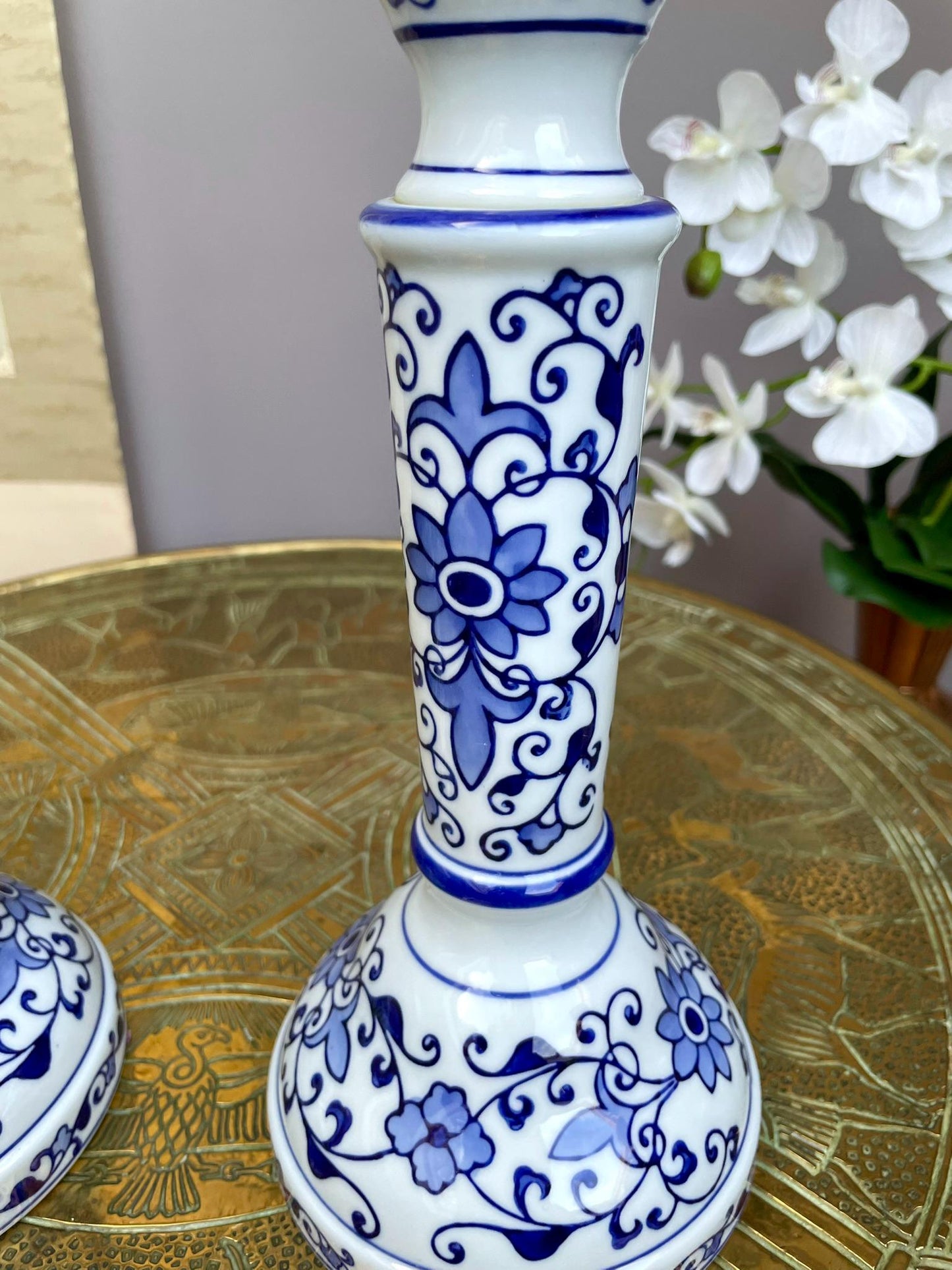 Fine Hand-Painted Blue & White Porcelain Candle Holder Pair • Artisan-Made Chinoiserie Centerpiece • Luxury Table Décor in Collector Quality