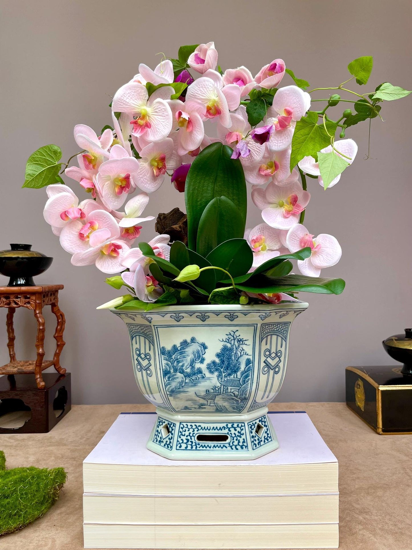 Blue and White Chinese Porcelain orchid Octagonal Planter Chinese Landscape Design | Elegant Home Decor