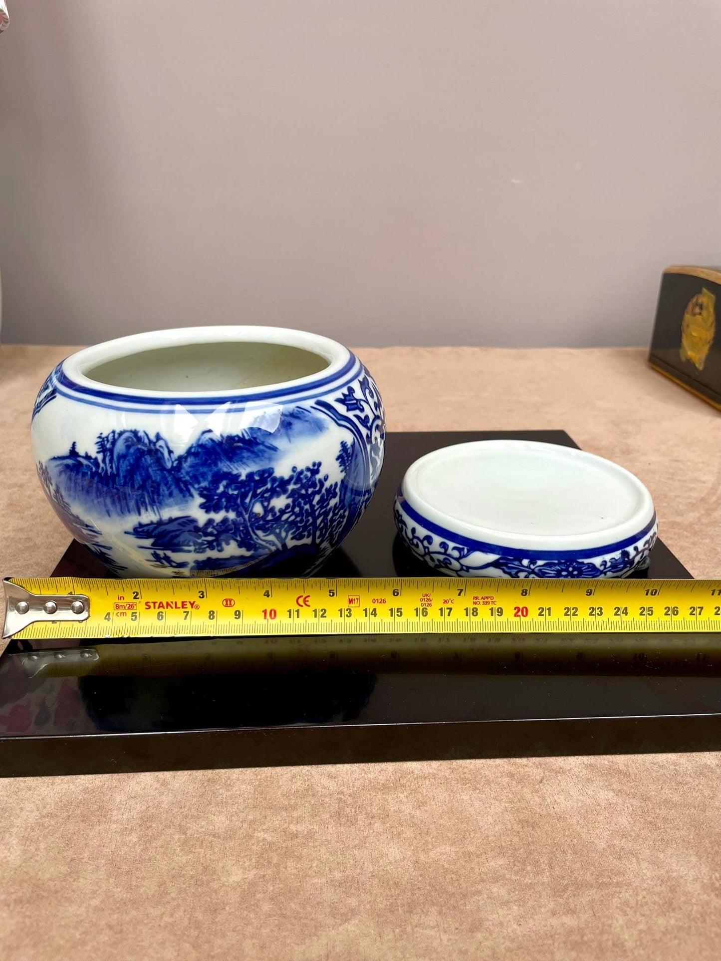 Blue and White Ceramic Vase with Stand | Traditional Chinese Landscape Design | Elegant Home Decor