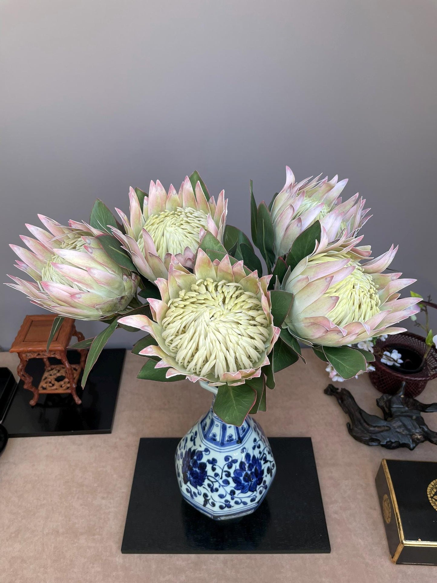 King protea white with a hint of pink spring artificial flower ideal for wedding, Single stem