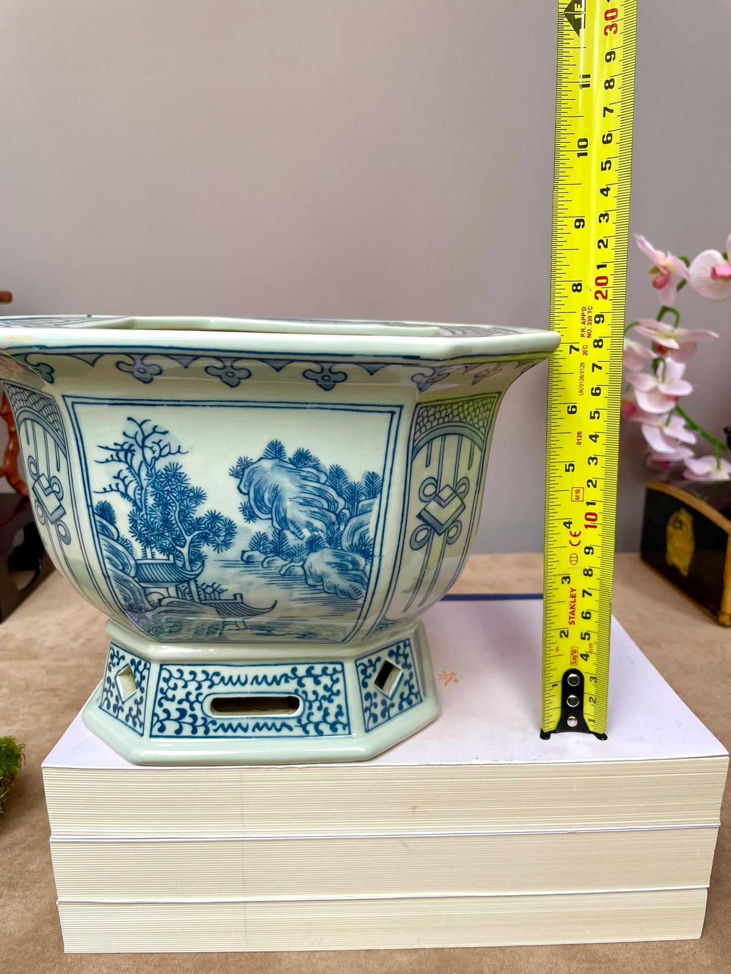 Blue and White Chinese Porcelain orchid Octagonal Planter Chinese Landscape Design | Elegant Home Decor