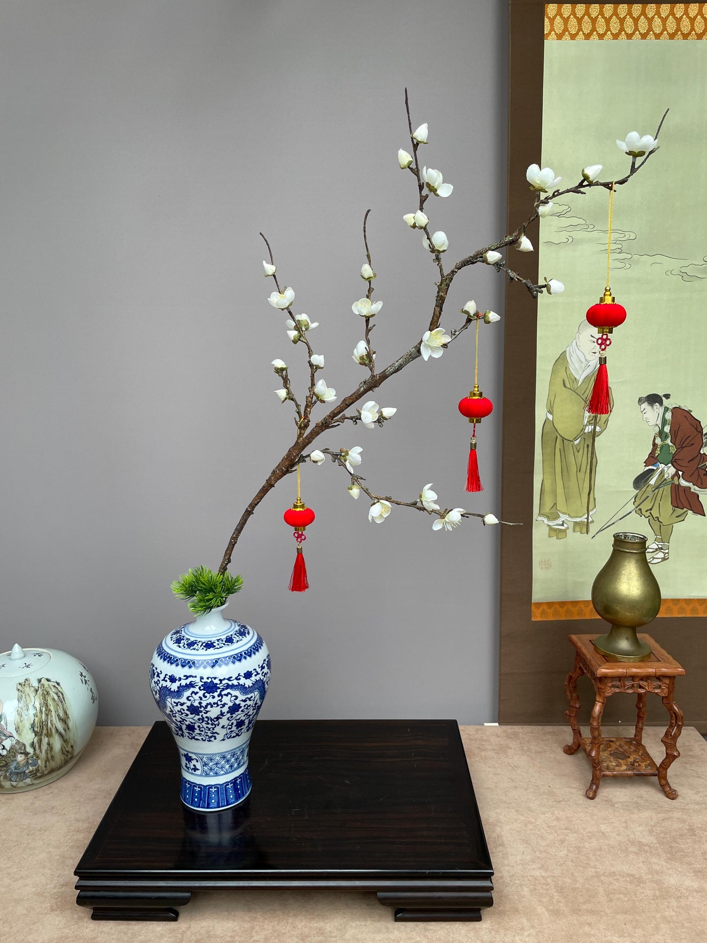 Large Realistic White Plum Blossom Branch - Faux Winter Meihua Stem - Elegant Chinoiserie Decor Hand-Crafted Luxury Zen Floral