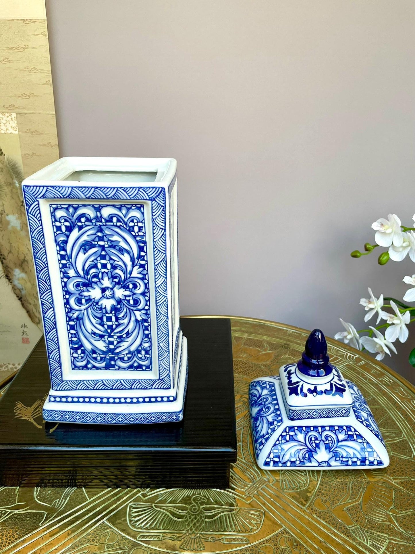 Tall Blue and White 4-Sided Ginger Jar with Lid – Hand-Painted Ceramic Temple Jar, Floral Scroll Design, Decorative Chinese Style Vase, 38cm