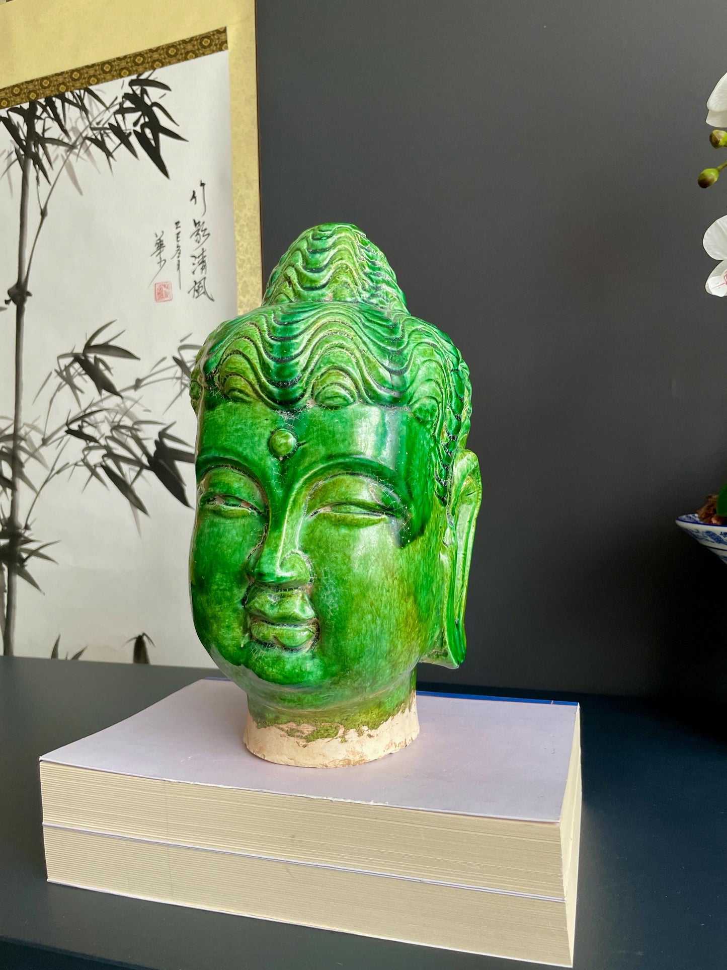 Rare Green Glazed Ceramic Buddha Head Statue, Chinese Ming Style Clay Sculpture, Zen Home Decor, Buddhist Altar Art, Spiritual Gifts