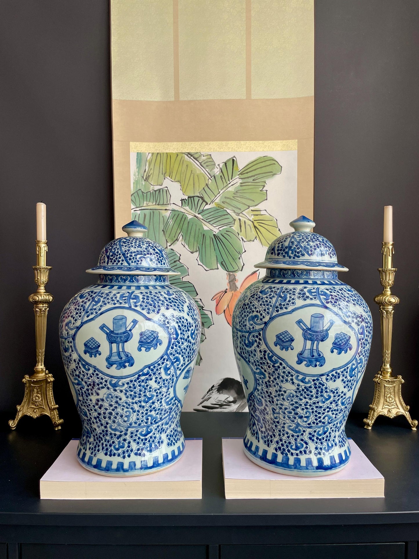 Monumental 50cm Hand-Painted Blue White Temple Jar Pair | Super-Sized Prunus & Antiquities Motif Covered Ginger Jars