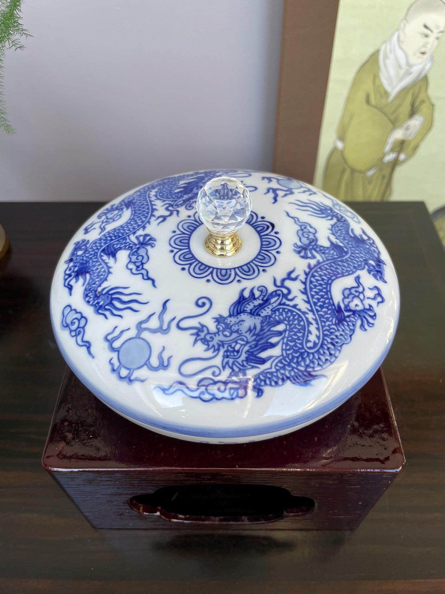 Hand-Crafted Blue and White Porcelain Dragon Jewellery Box - Lidded Trinket Jar with Crystal Knob - Chinoiserie Décor for Precious Item