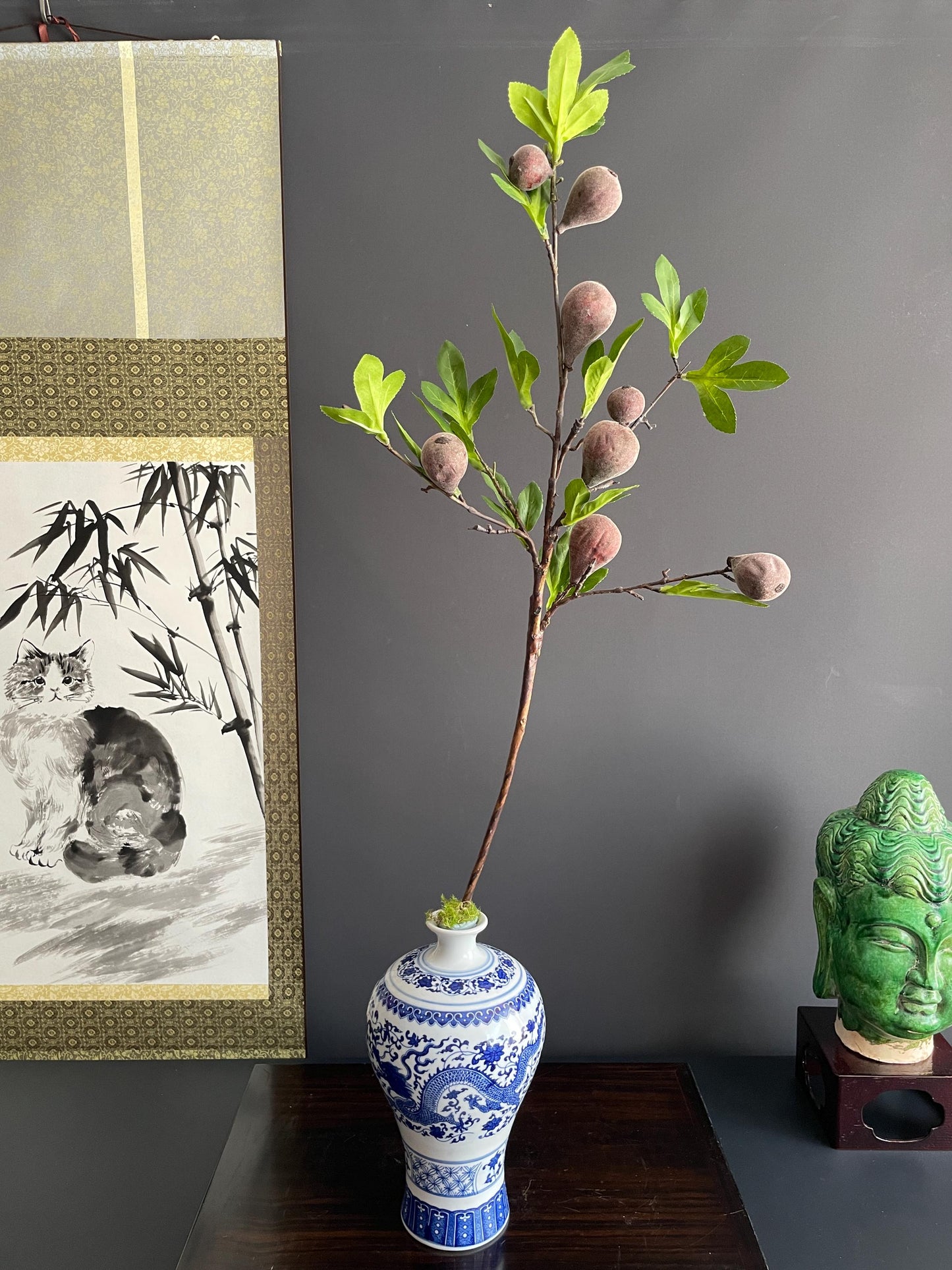 Architectural Faux Greenery Branch | Artisanal Artificial Fig Stem | Unique Botanical Accent for Eclectic Interiors