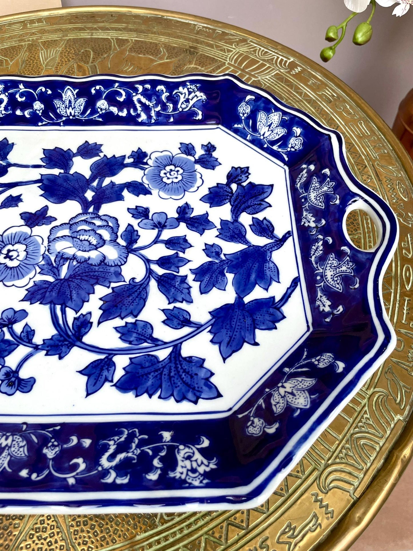 Large Blue and White Porcelain Serving Tray • Handcrafted Prestige Floral Platter • Luxury Home Décor Elegant Table Center piece