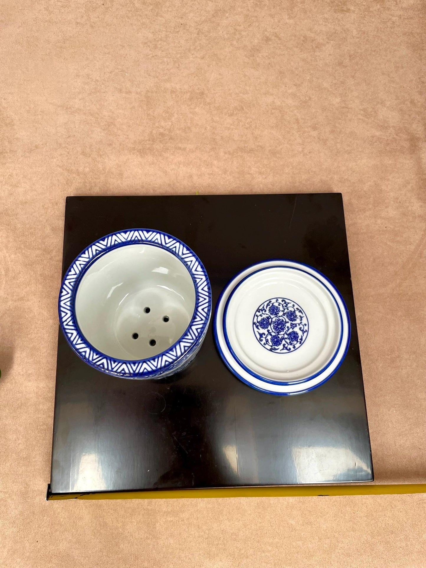 Blue and White Chinoiserie Orchid Planter with Saucer: Elegant Ceramic Flower Pot