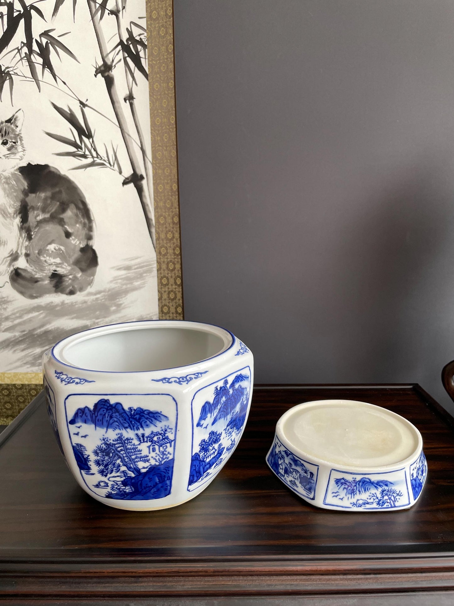 Blue and White Porcelain Planter Set | Hand-Crafted Chinoiserie Ceramic Cachepot | 2 Piece Decorative Plant Pot for Indoor Flowers