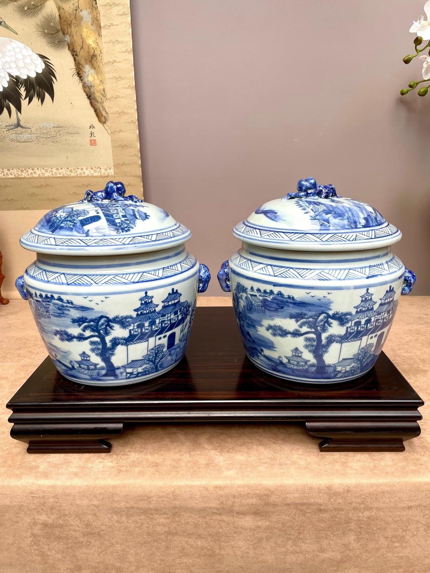 A Pair of Blue & White Porcelain Ginger Jar– Hand-Painted Pagoda Landscape