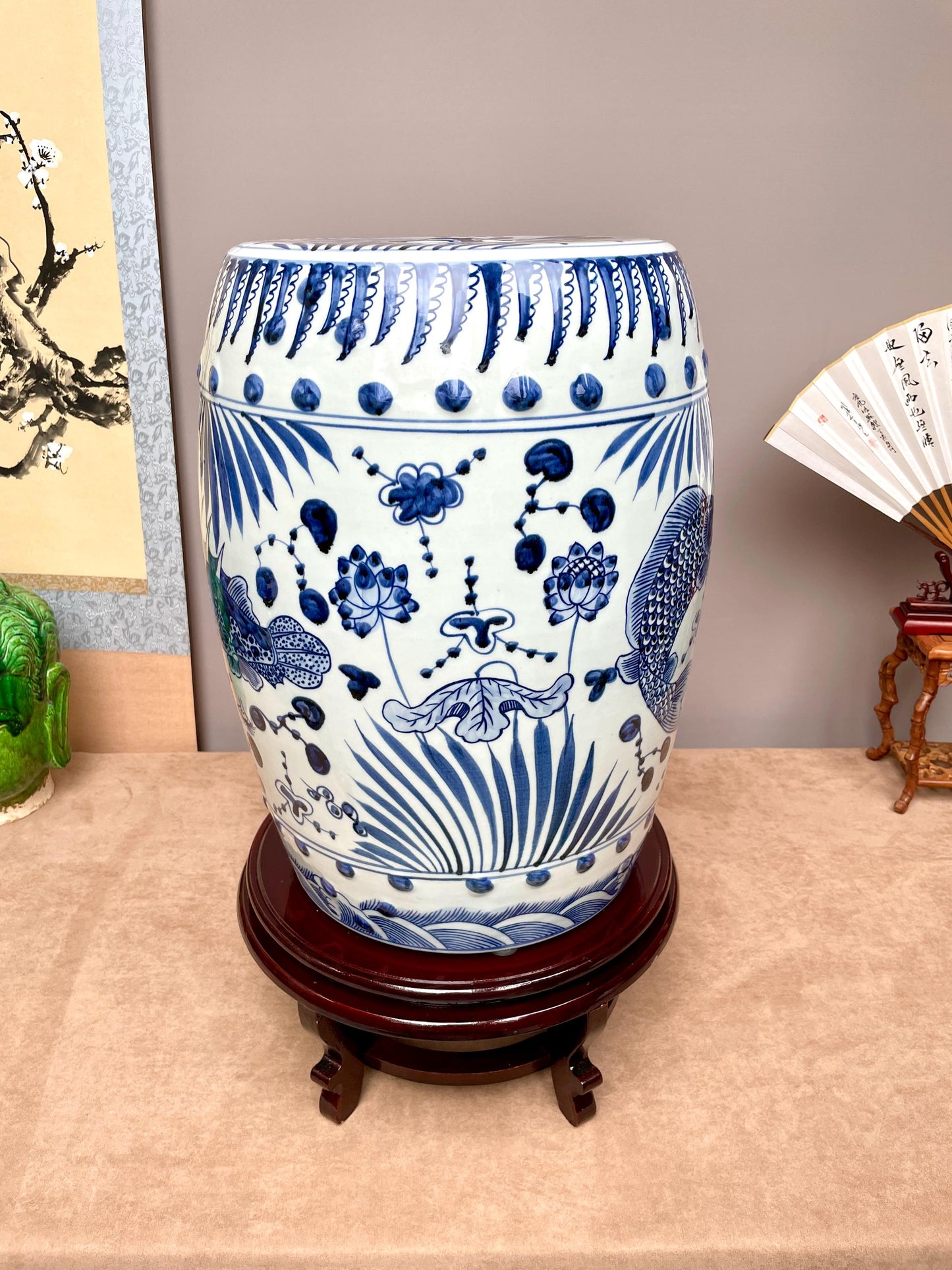 Hand Painted Koi Carp Garden Stool Traditional Chinese Blue White Drum Table Oriental Home Accent Cobalt Blue Statement Furniture Feng Shui