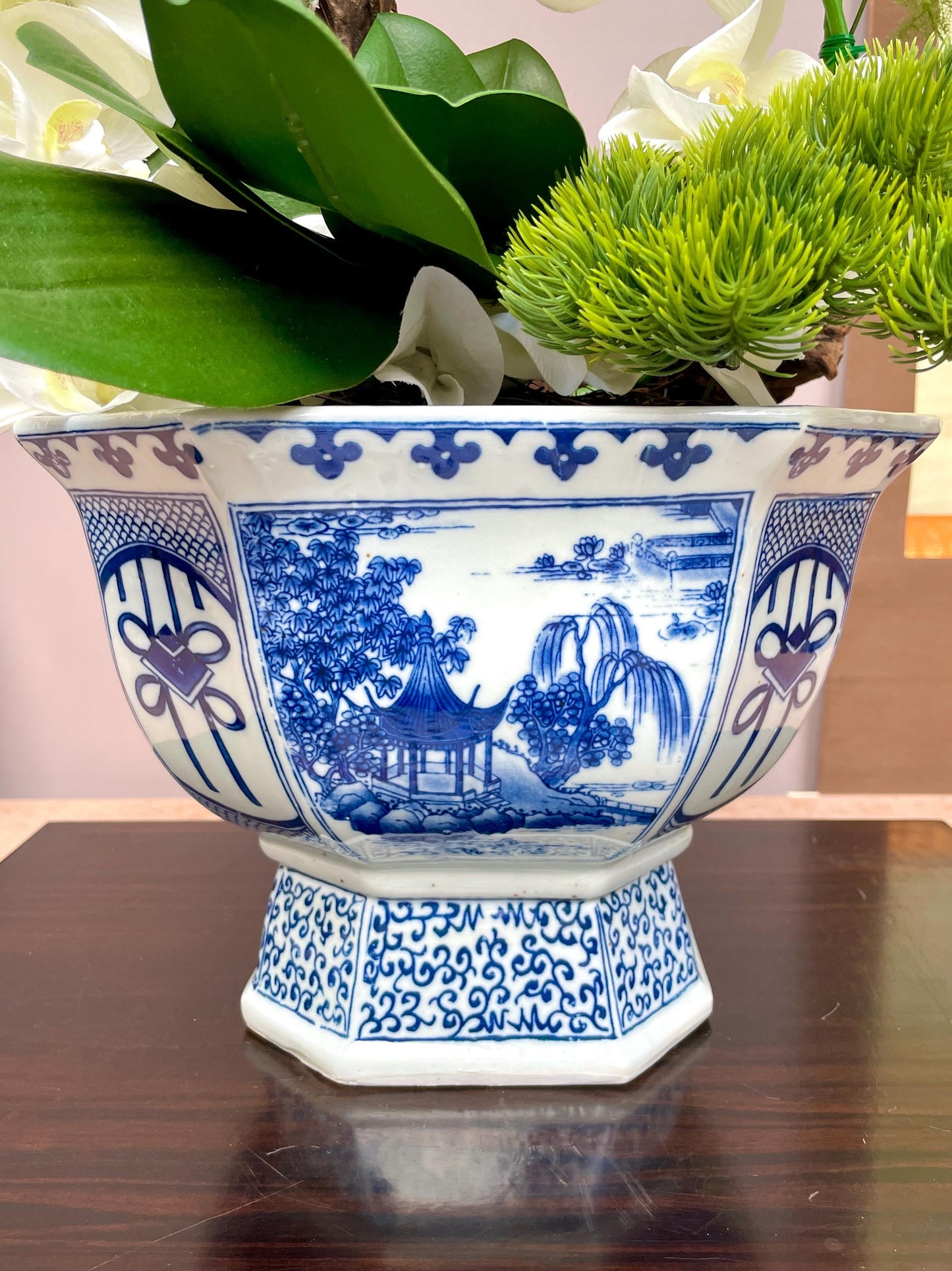 Blue & White Hexagonal Footed Bowl Scenic Landscape Porcelain Centerpiece irregular hexagon Oriental Art Bowl Luxury Decorative NO DRAINAGE