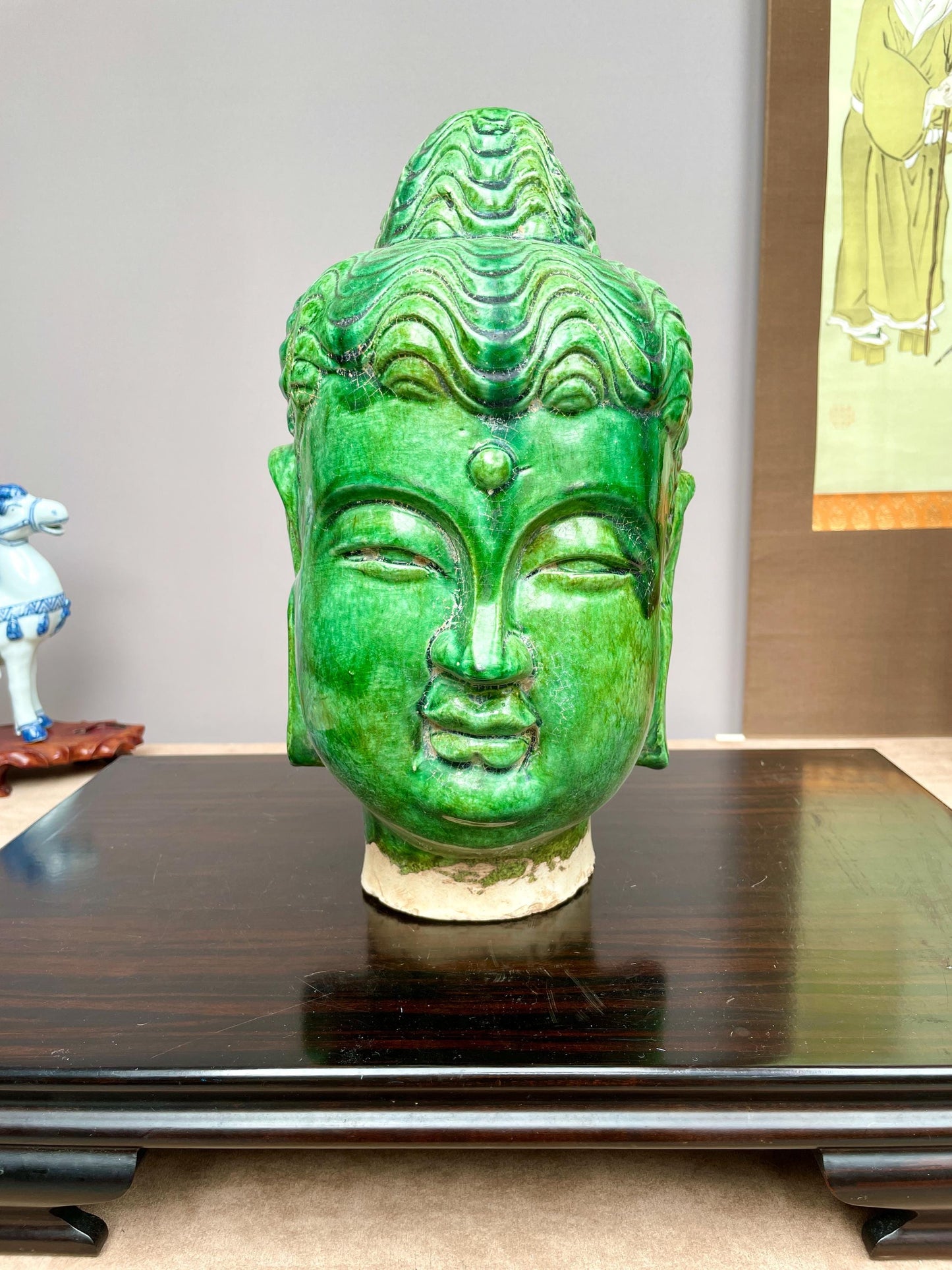Rare Green Glazed Ceramic Buddha Head Statue, Chinese Ming Style Clay Sculpture, Zen Home Decor, Buddhist Altar Art, Spiritual Gifts