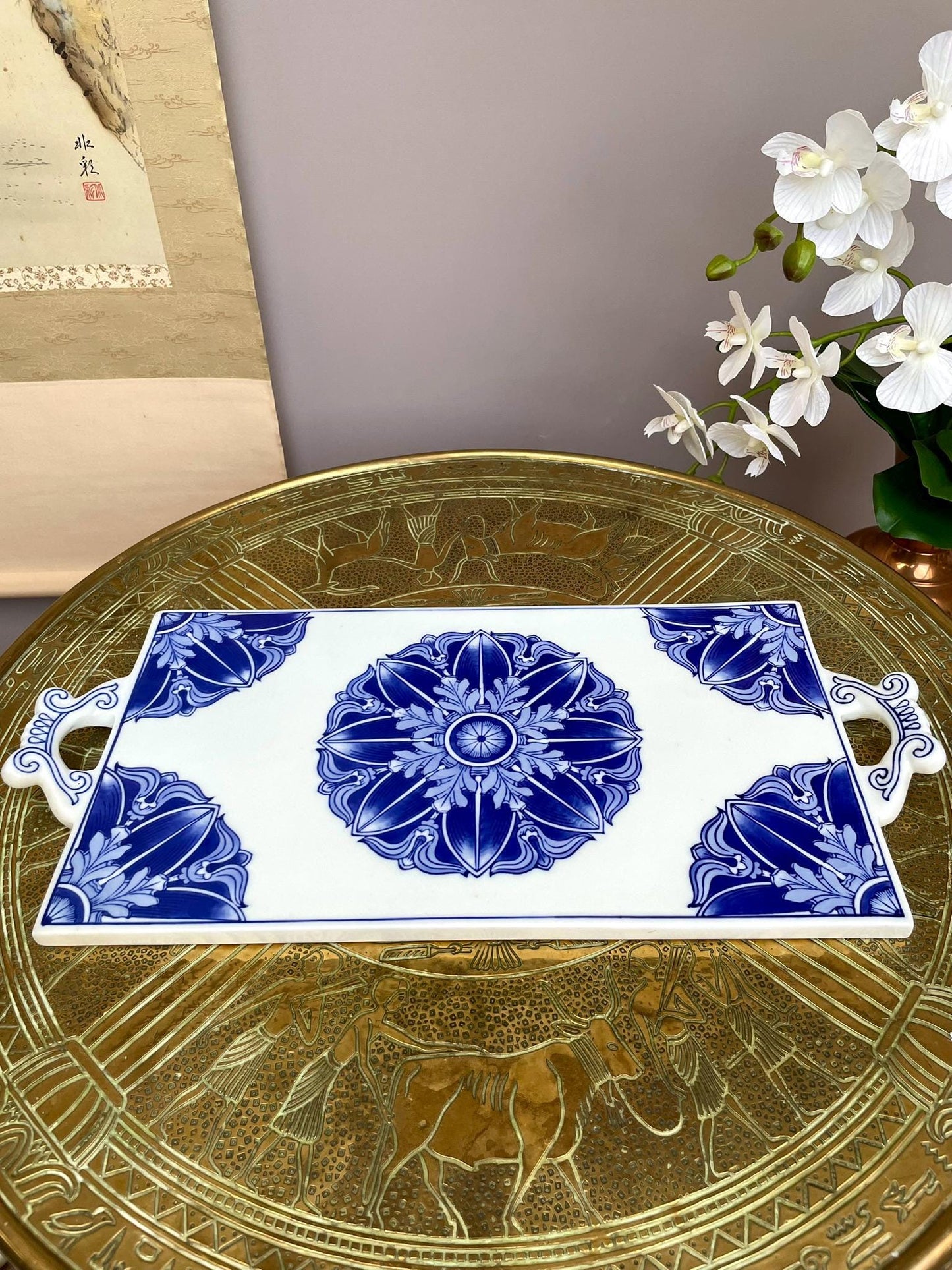 Large Blue & White Ceramic Serving Tray • Handcrafted Porcelain Board with Artisanal Floral Motif Heavy, Smooth, collector Quality Tableware