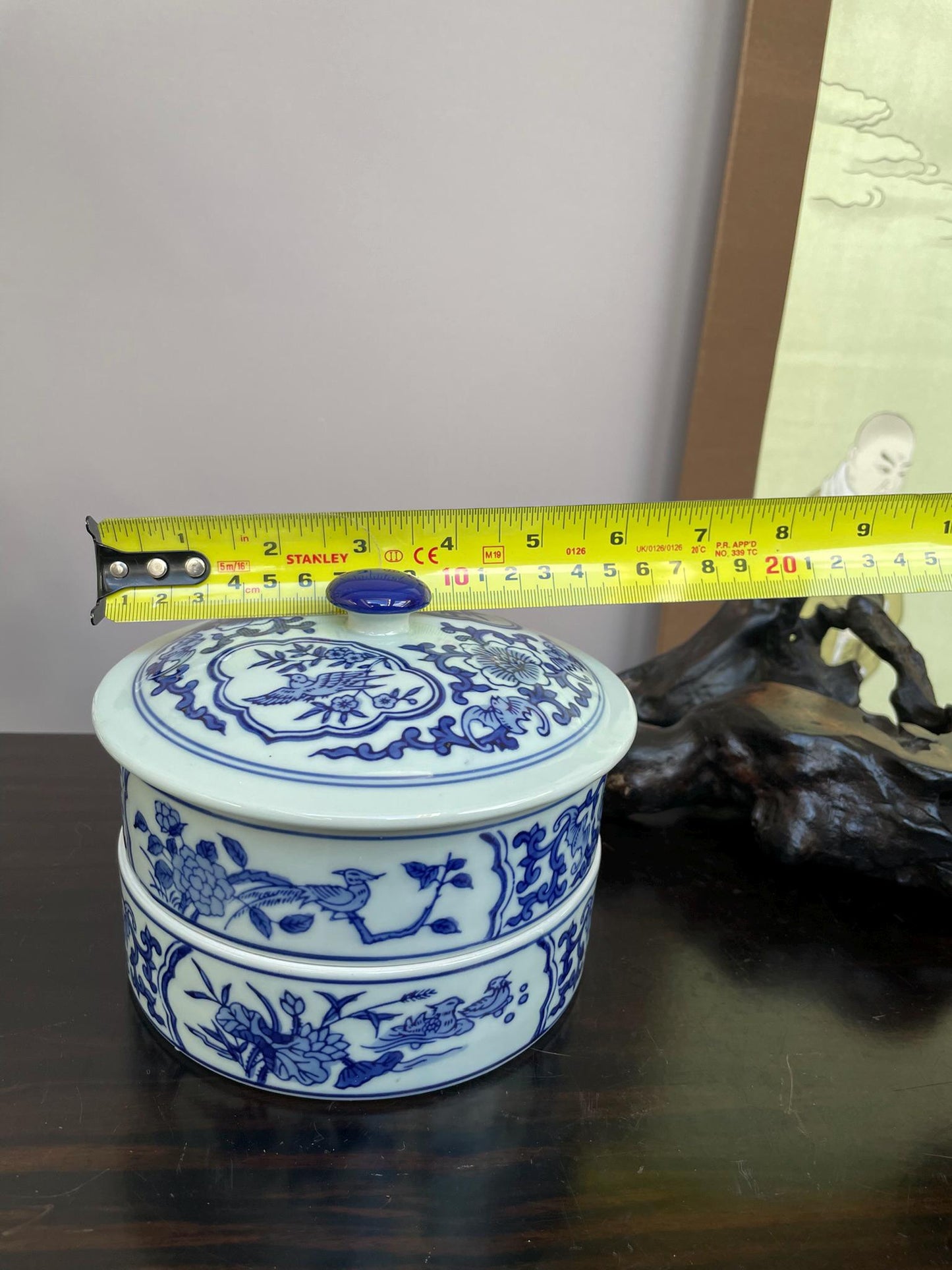 Blue and White Chinese Porcelain 2Tier Lidded Container Hand-Painted Floral & Bird Design Stacking Ceramic Storage Jar Functional Home Deco