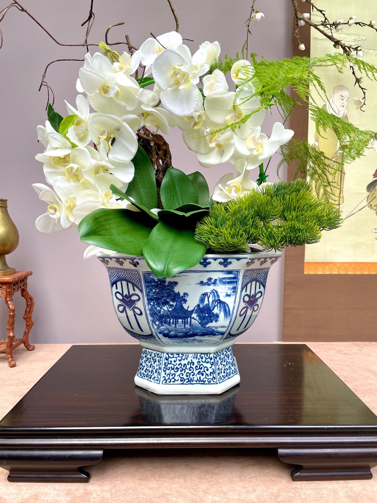 Blue & White Hexagonal Footed Bowl Scenic Landscape Porcelain Centerpiece irregular hexagon Oriental Art Bowl Luxury Decorative NO DRAINAGE