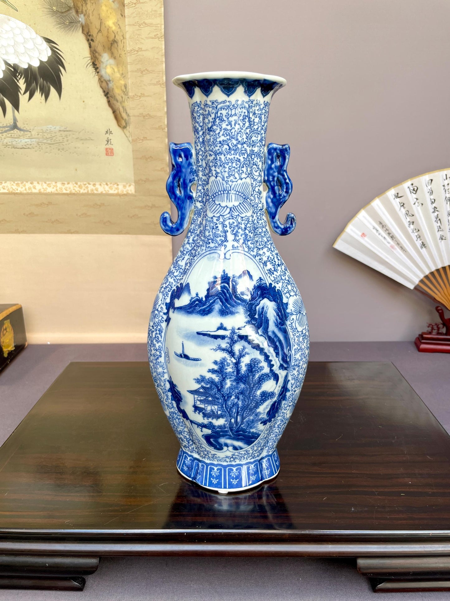 Blue and White Landscape Vase Ceramic Chinoiserie Baluster Vase Porcelain Temple Vase Oriental Mountain Scene Pottery Large Console Decor