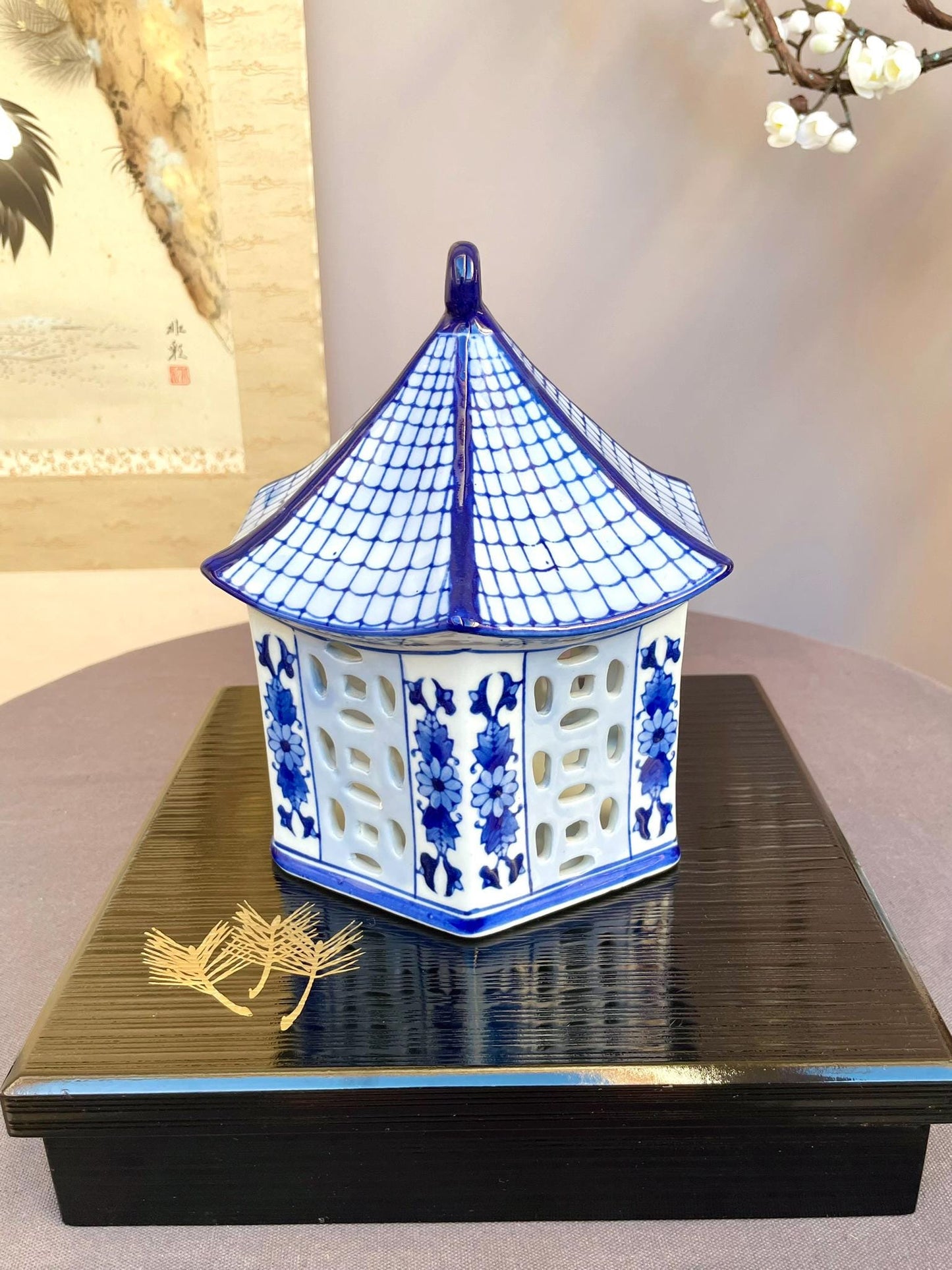 Blue and White Porcelain Pagoda Candle Holder | Handcrafted Ceramic Lantern Elegant Home Décor Accent | Curved Roof Design Tea Light Holder