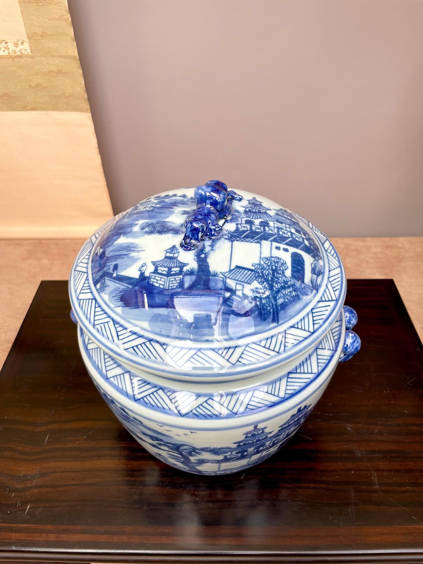 A Pair of Blue & White Porcelain Ginger Jar– Hand-Painted Pagoda Landscape