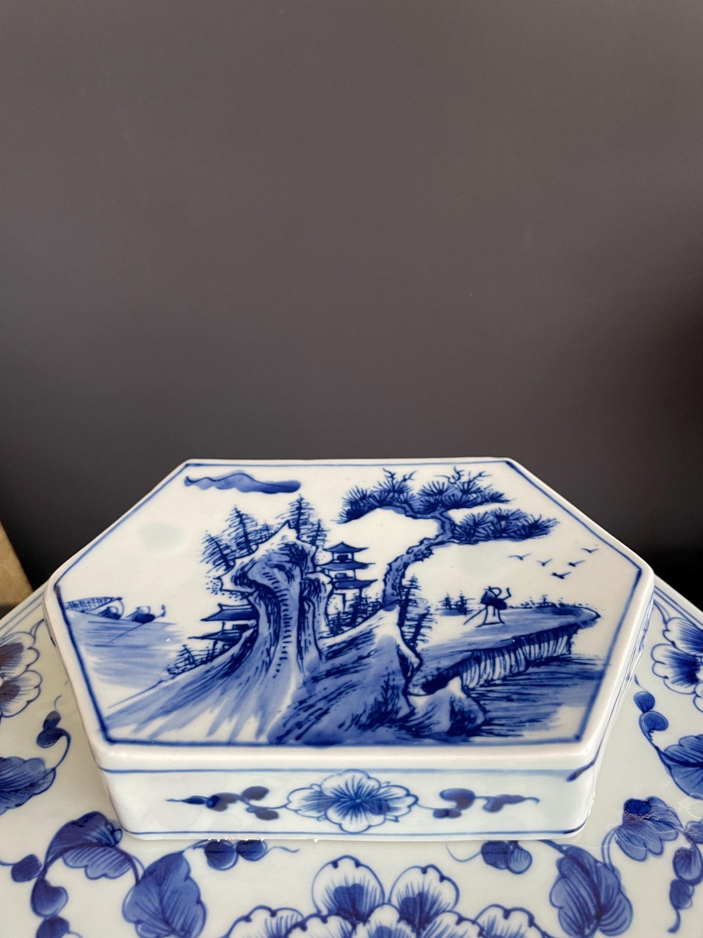 Hand Painted Blue & White Hexagon Porcelain Vase with Lid | Six Sided Xiang Qi Hand Pressed Ceramic Jar | Chinoiserie Decor Vessel
