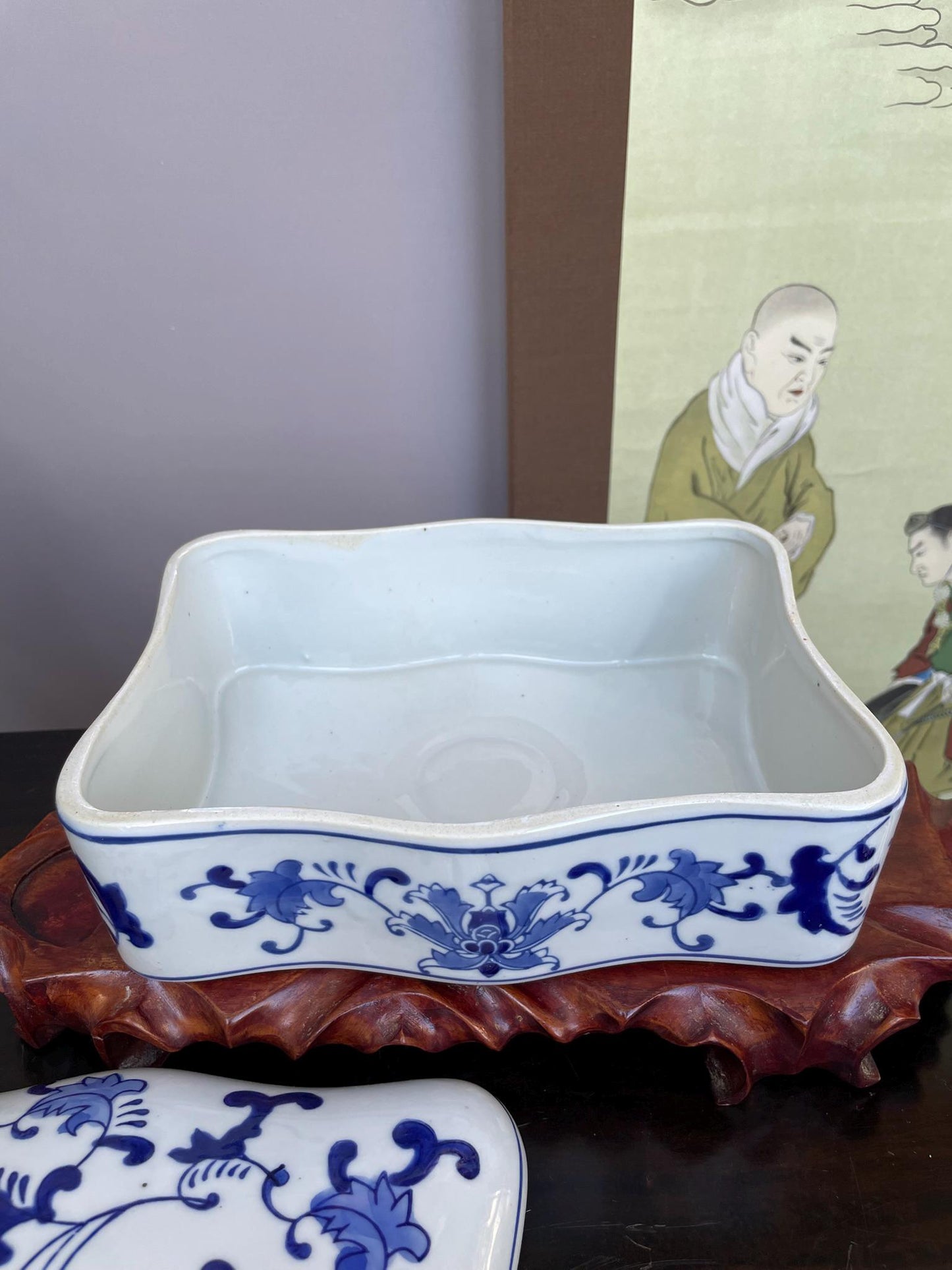 Hand-Crafted Blue and White Porcelain continuous floral Box Artisan Rectangular Jewellery Case Detailed Floral Chinoiserie Keepsake.