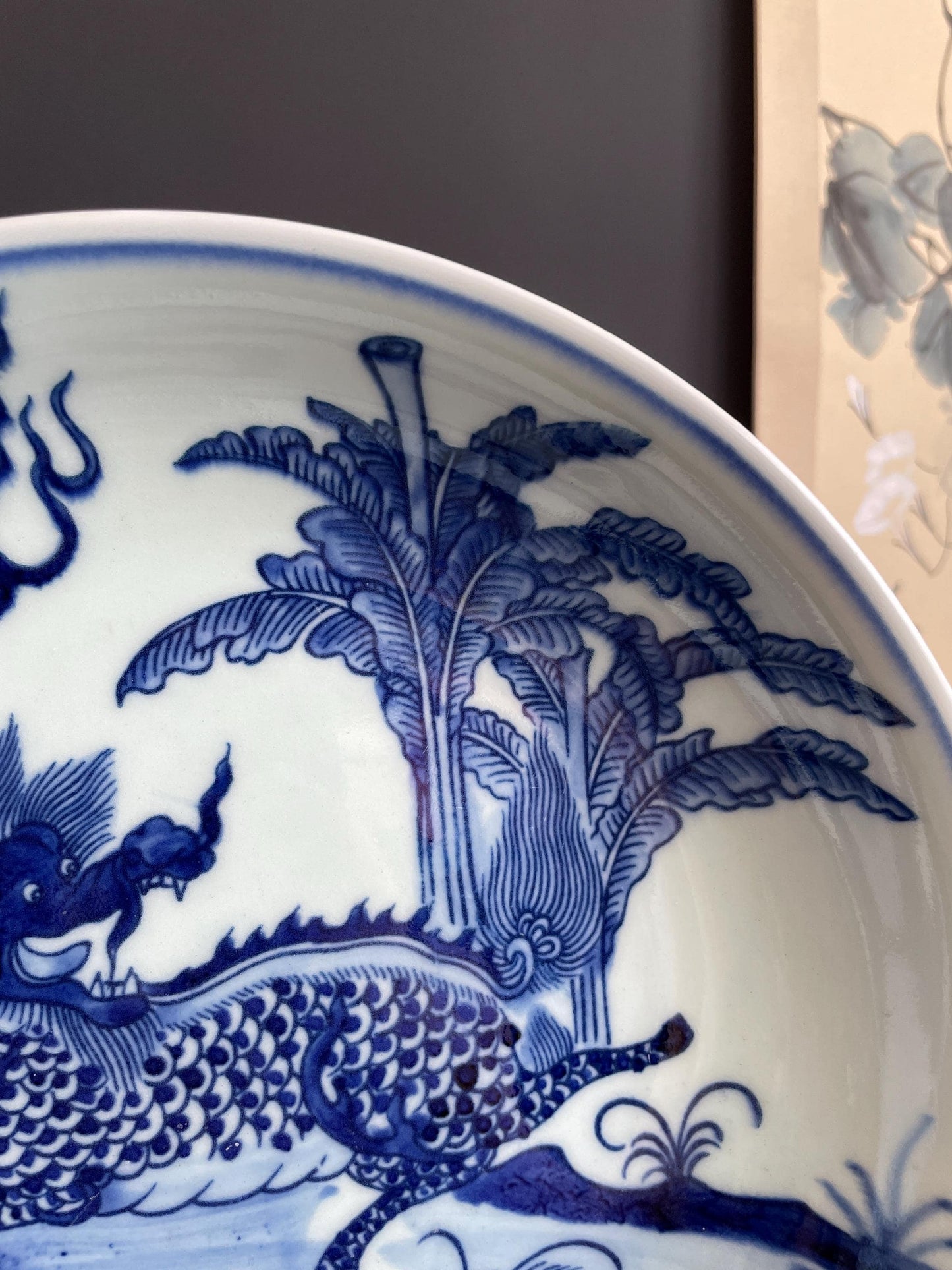 Blue and White Porcelain Display Plate with Stand Chinoiserie Qilin Charger Kirin Mythical Beast Traditional Ceramic Oriental Cabinet Decor