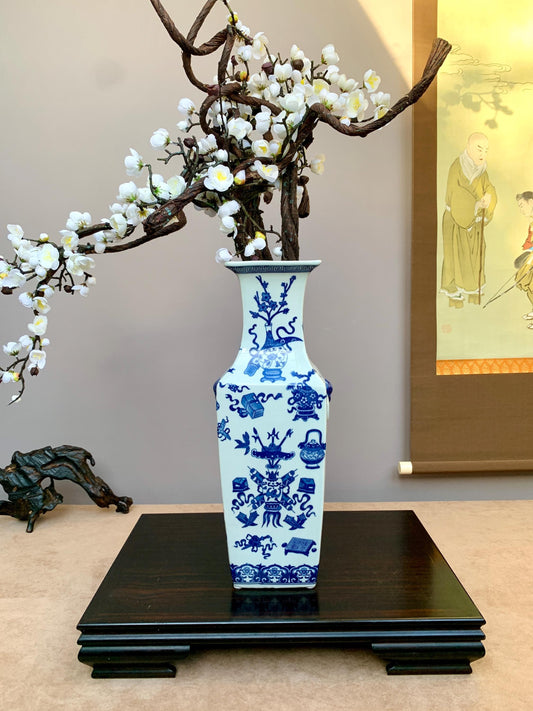Tall Hand-Crafted Blue and White Square Vase Rare "Hundred Antiques" (Bogu) Motif Heavy Premium Porcelain Traditional Scholar's Studio Decor