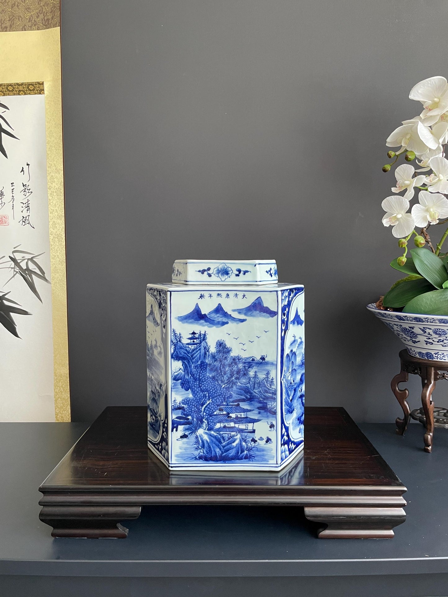 Hand Painted Blue & White Hexagon Porcelain Vase with Lid | Six Sided Xiang Qi Hand Pressed Ceramic Jar | Chinoiserie Decor Vessel